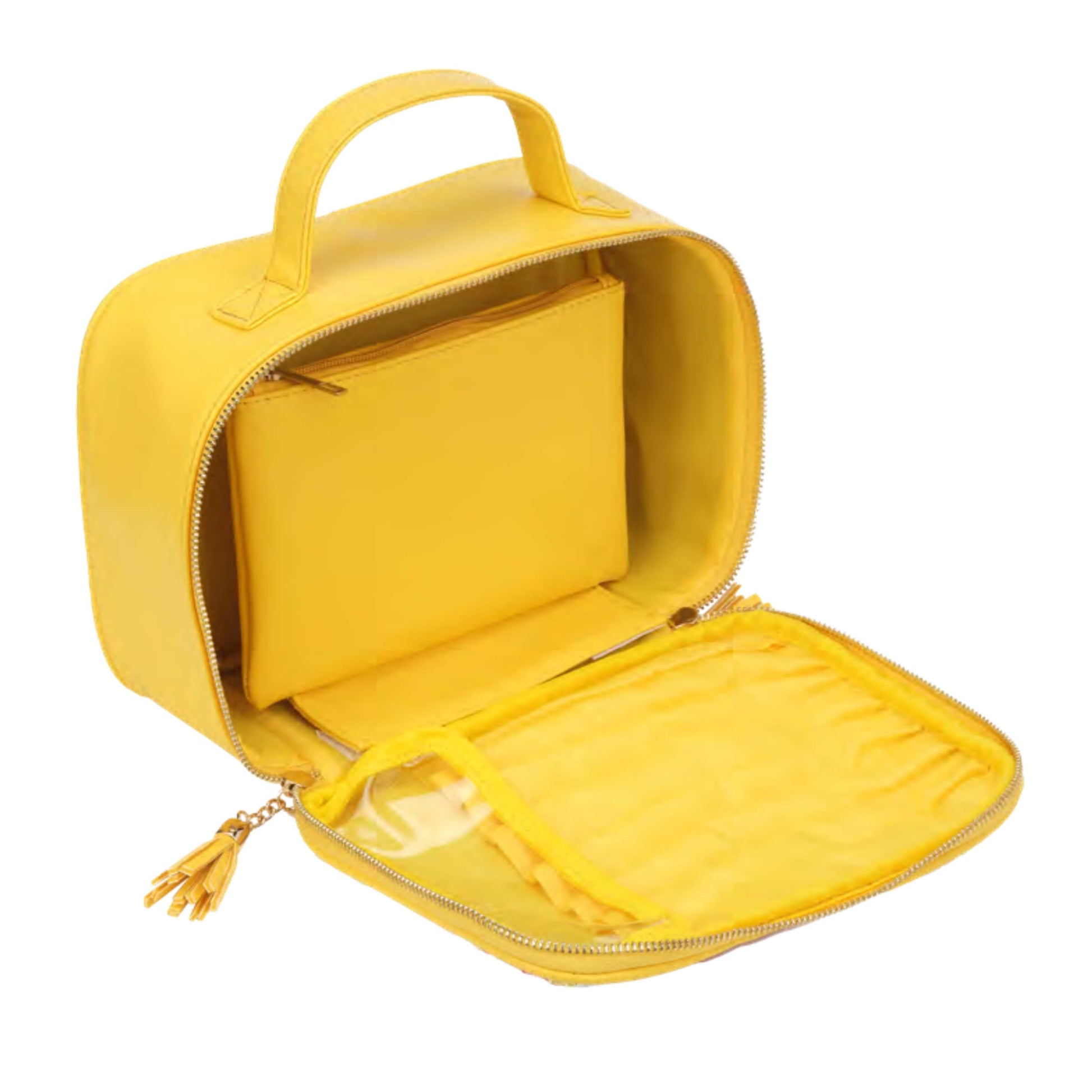 Beauty case tessuto multicolor aperto, dettaglio interno e zip