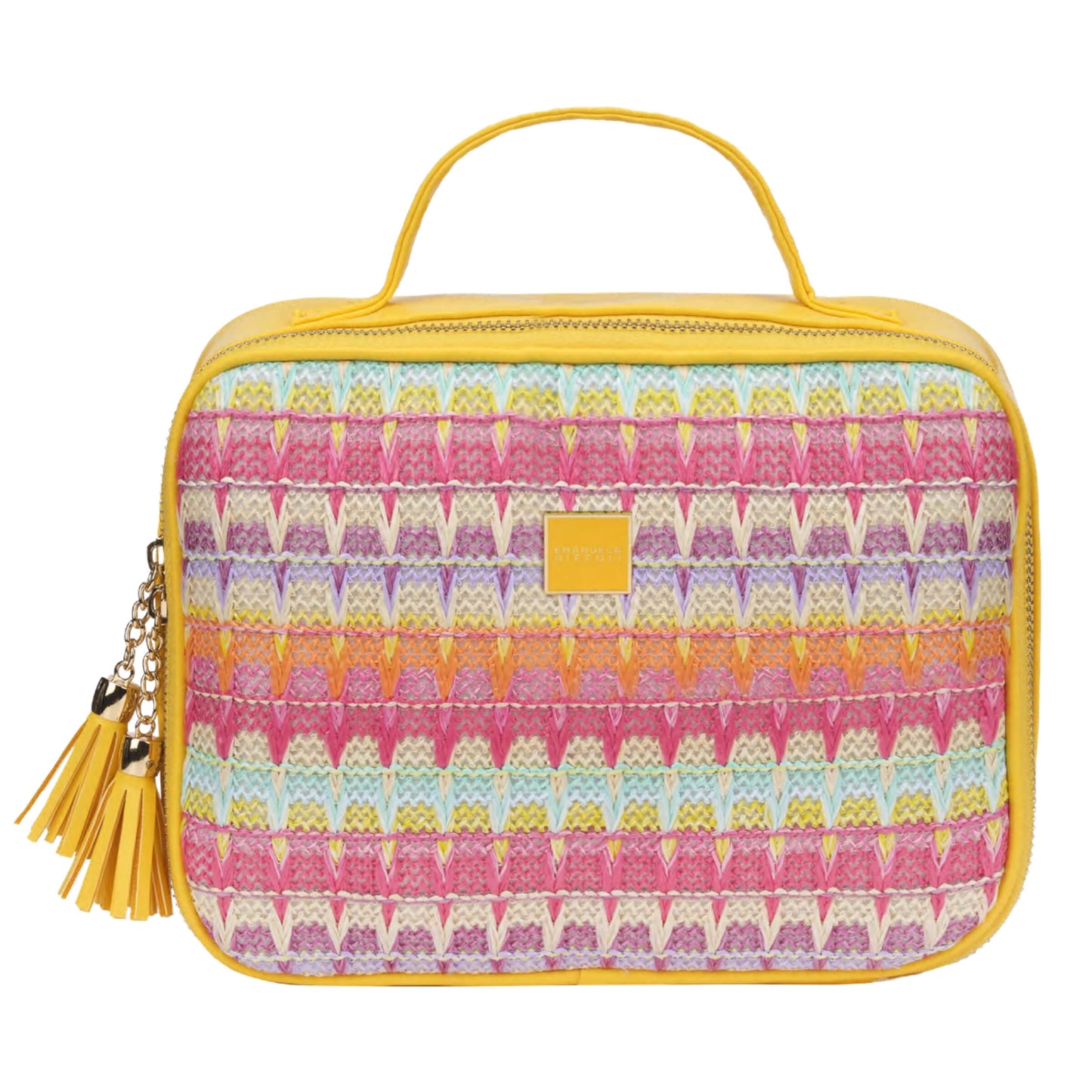 Beauty case in tessuto multicolor compatto, vista frontale con pattern colorato