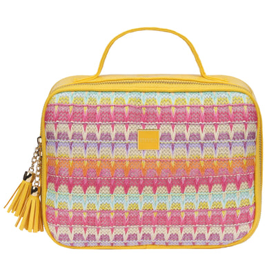 Beauty case in tessuto multicolor compatto, vista frontale con pattern colorato