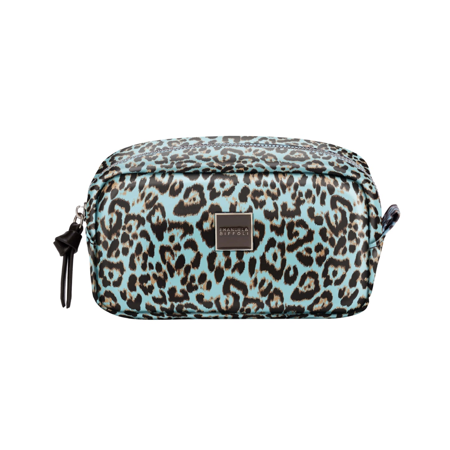 Busta media Jungle di Emanuela Biffoli con fantasia animalier su sfondo azzurro in materiale tecnico