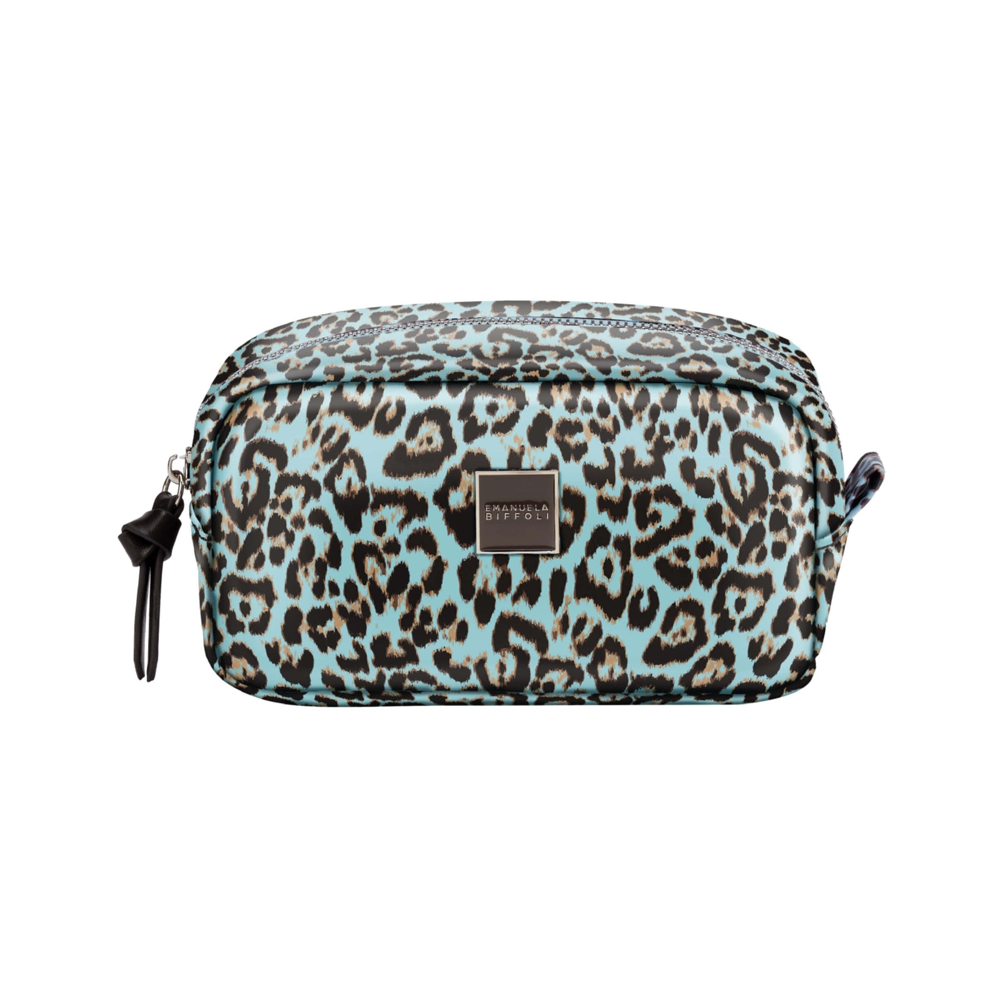 Busta media Jungle di Emanuela Biffoli con fantasia animalier su sfondo azzurro in materiale tecnico
