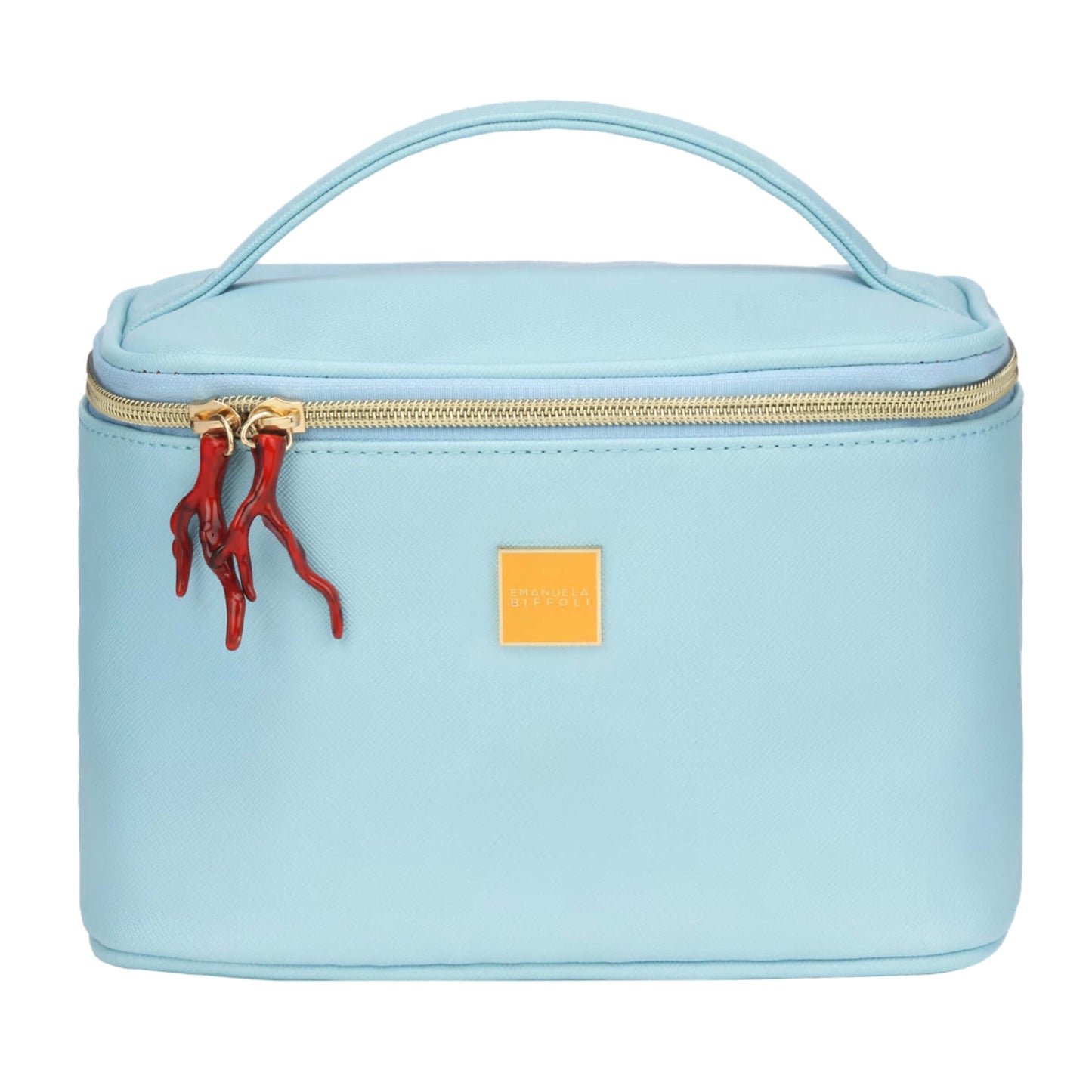 Beauty case celeste Corals Emanuela Biffoli in eco-pelle soft-touch, vista frontale chiuso