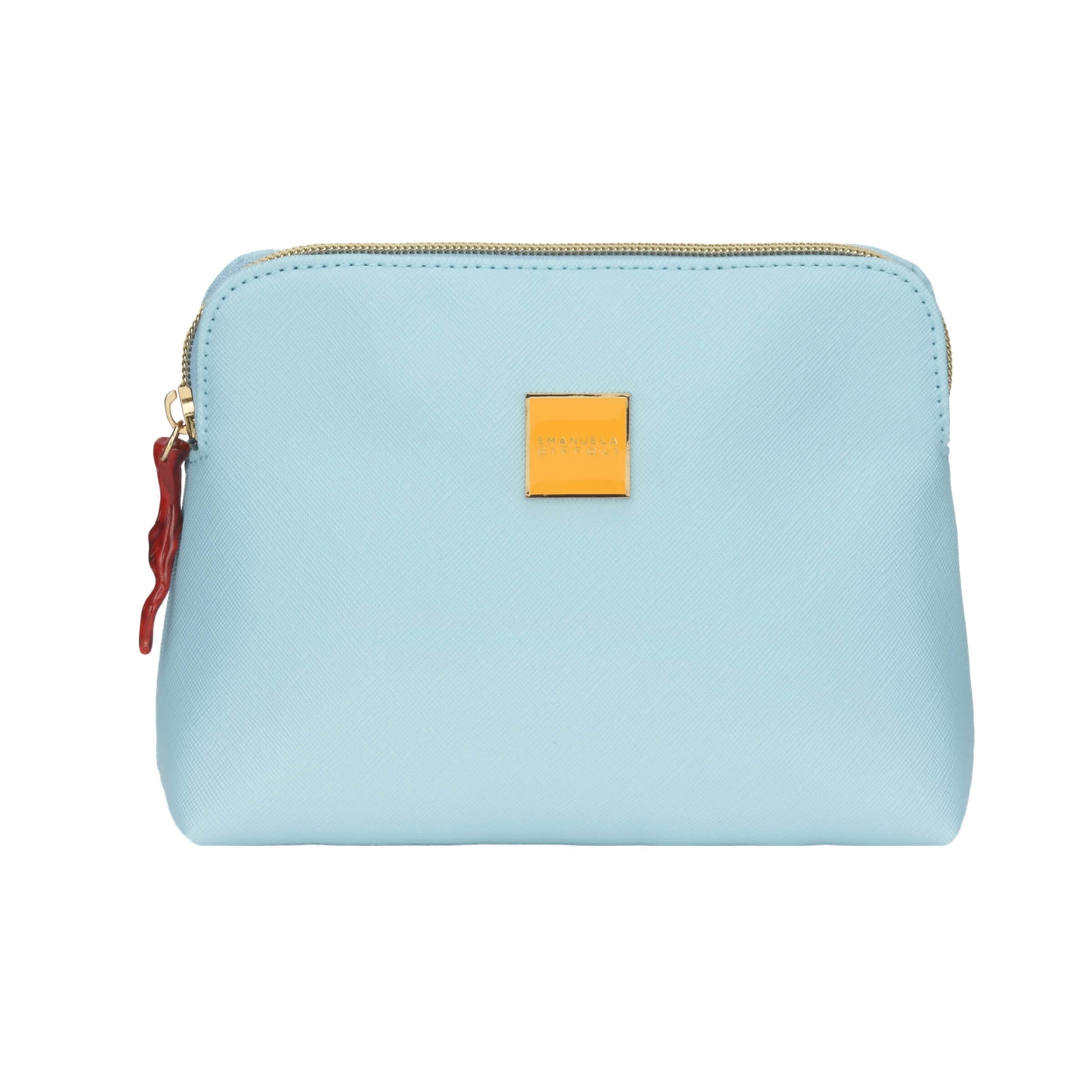 Busta media Celeste Corals di Emanuela Biffoli in eco-pelle saffiano azzurra con fodera marina