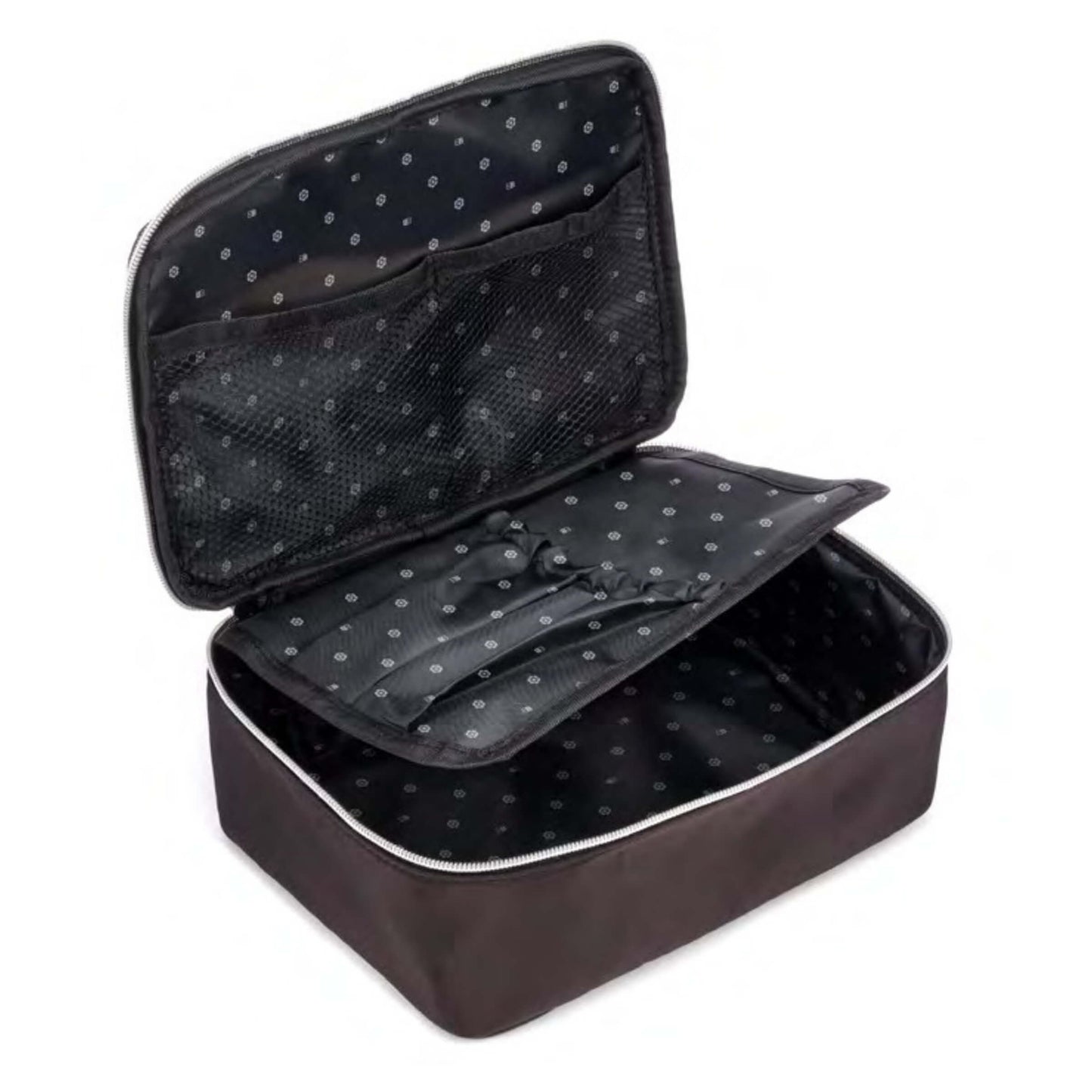 Beauty Case in Nylon Nero con Tasche Porta Pennelli e Chiusura Zip 24 x 18 x 9 cm