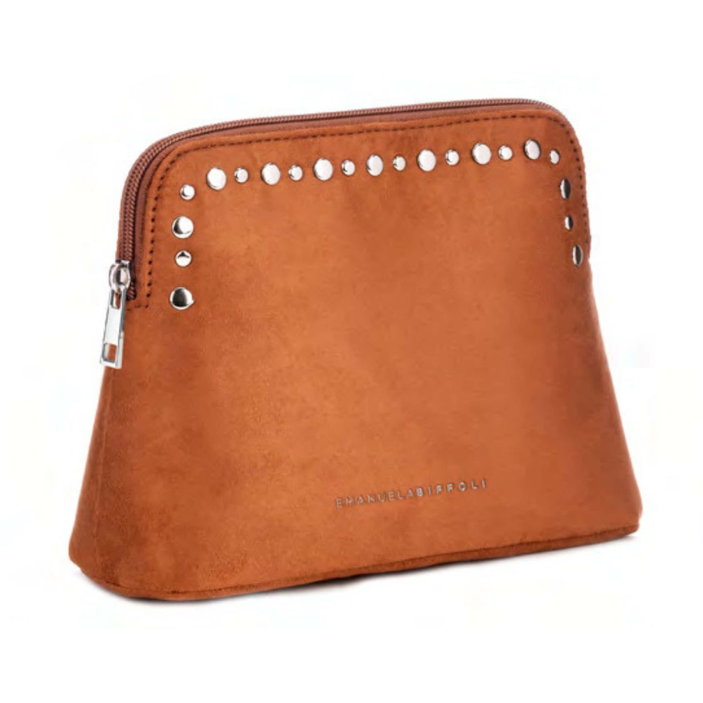 Pochette Emanuela Biffoli Busta Media Marrone in Ecopelle Scamosciata con Borchie e Fodera Personalizzata