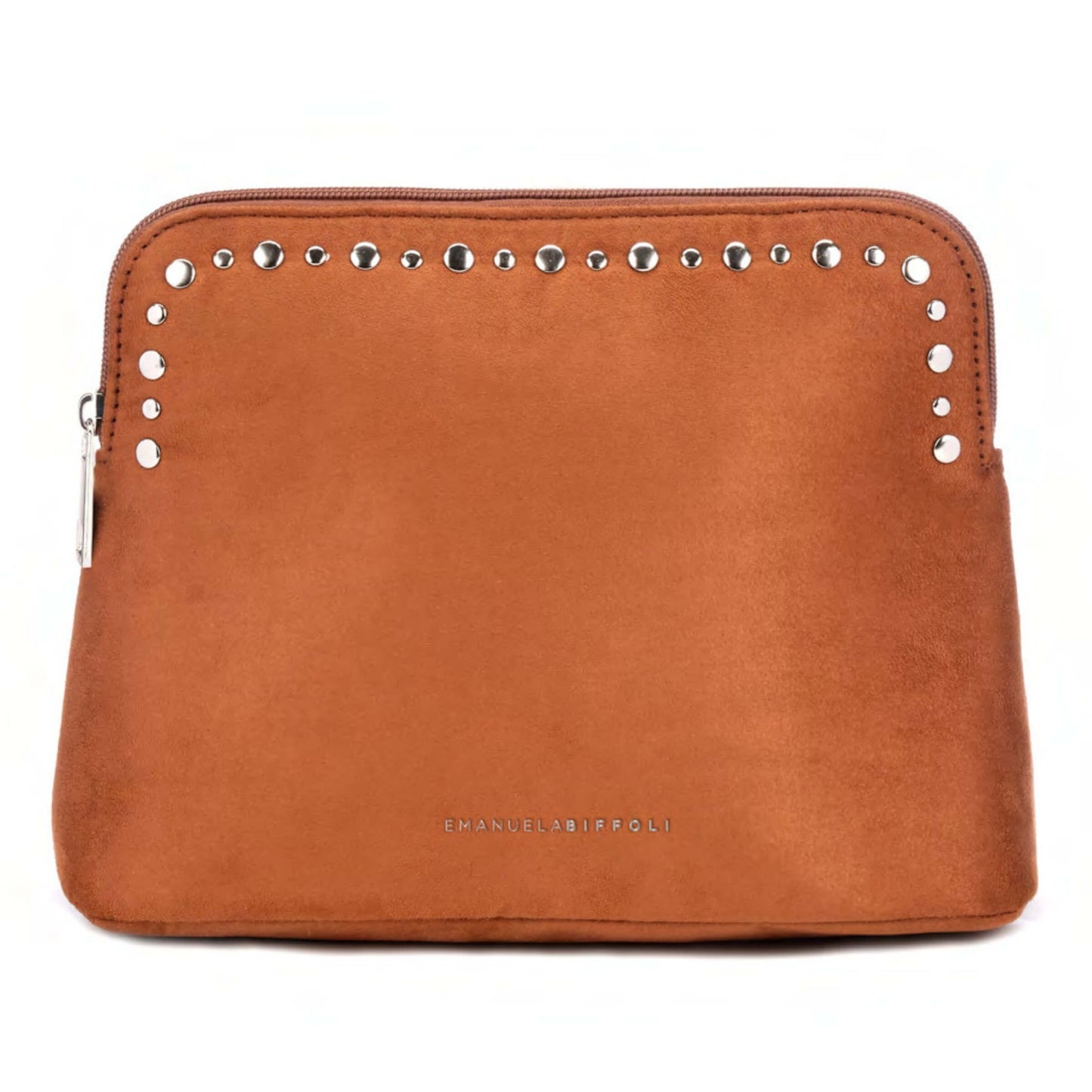 Pochette Emanuela Biffoli Busta Media Marrone in Ecopelle Scamosciata con Borchie e Fodera Personalizzata