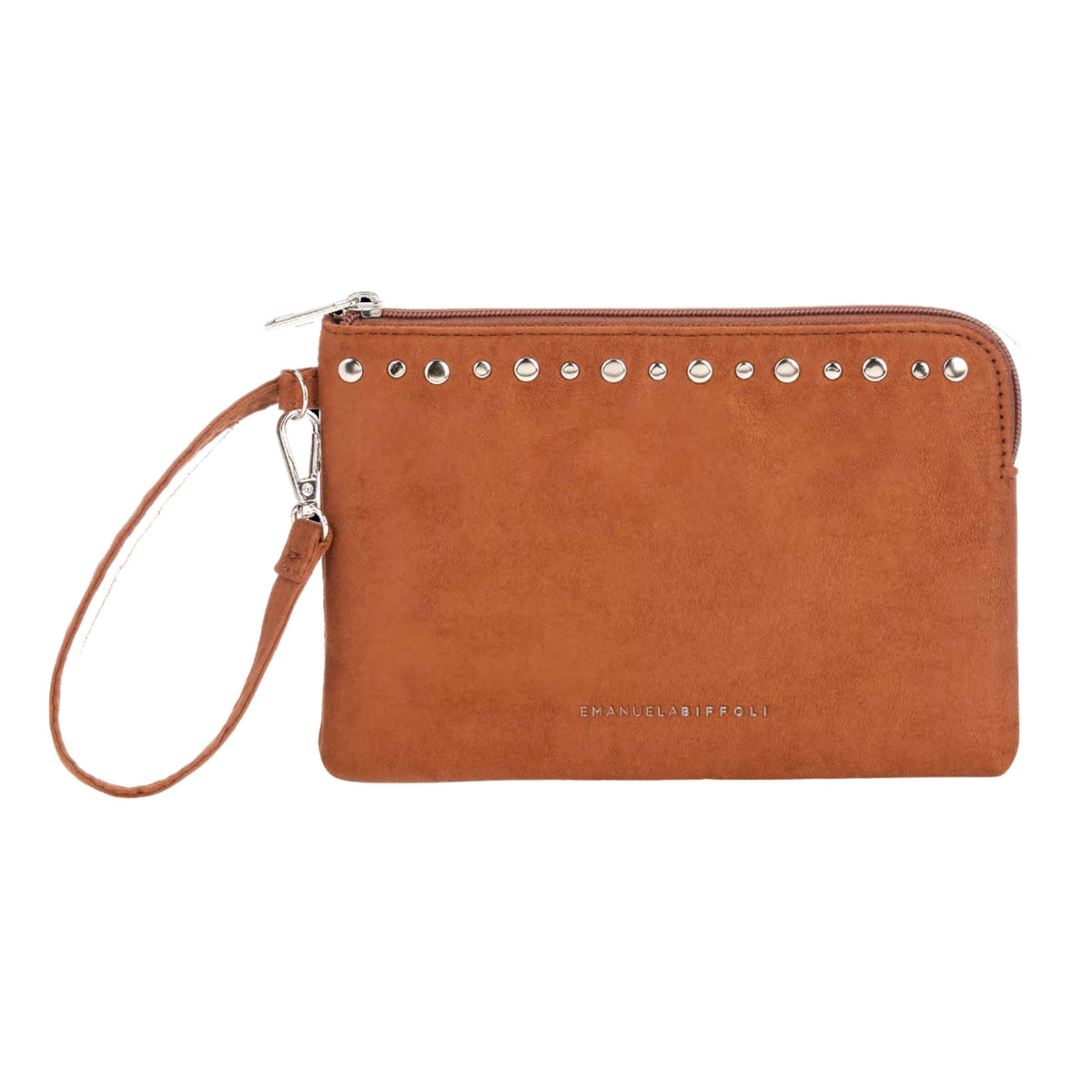 Pochette Emanuela Biffoli Busta Piatta Marrone in Ecopelle Scamosciata con Borchie e Fodera Personalizzata