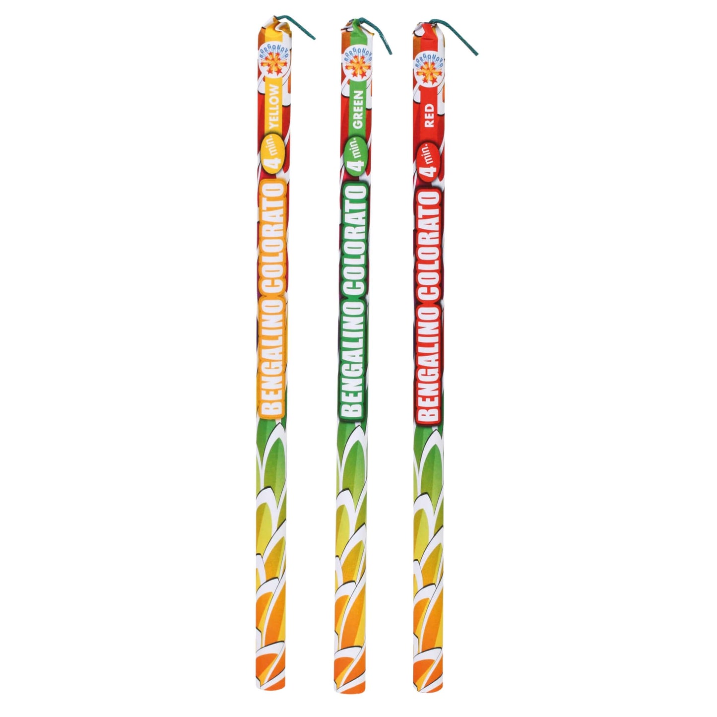 Bengalini colorati Borgonovo F1 con fiamma rossa, verde e gialla, confezione da 4