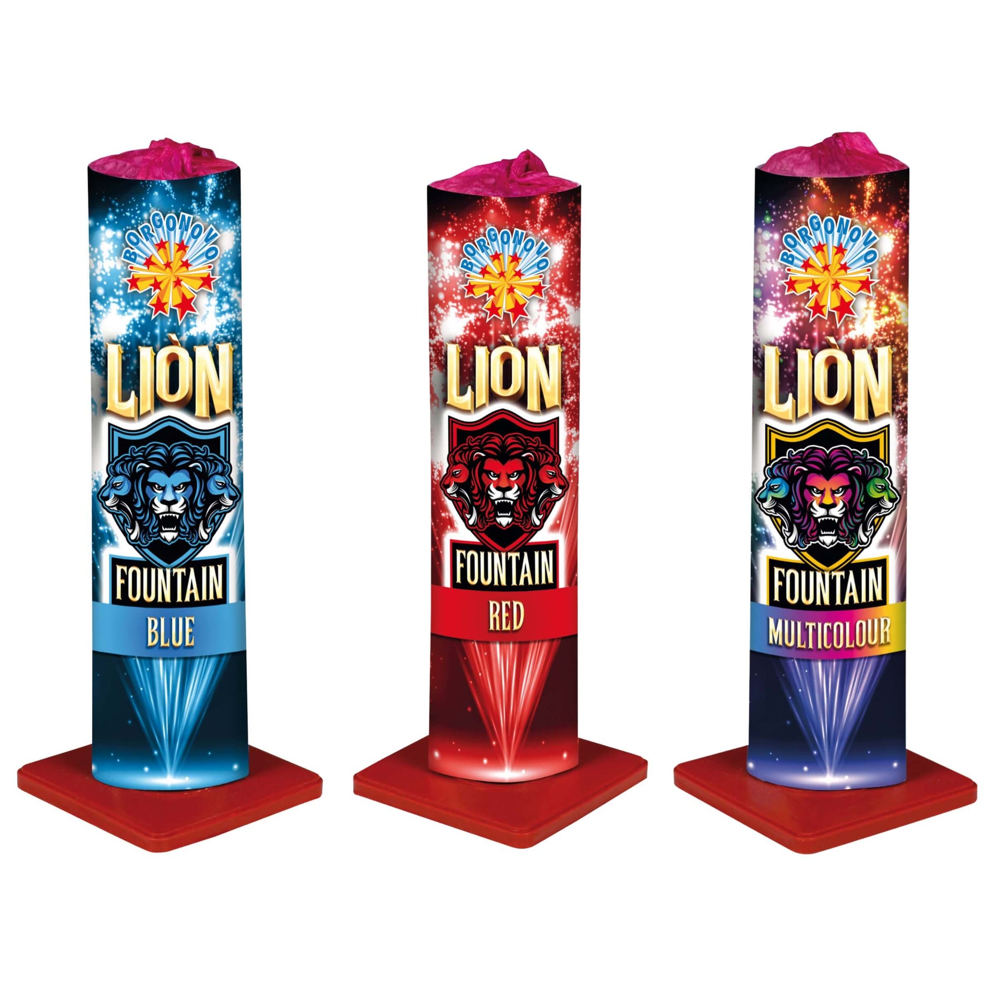 Lion Fountain Borgonovo F2, 3 fontane con scie multicolore, blu e rosso e fischi