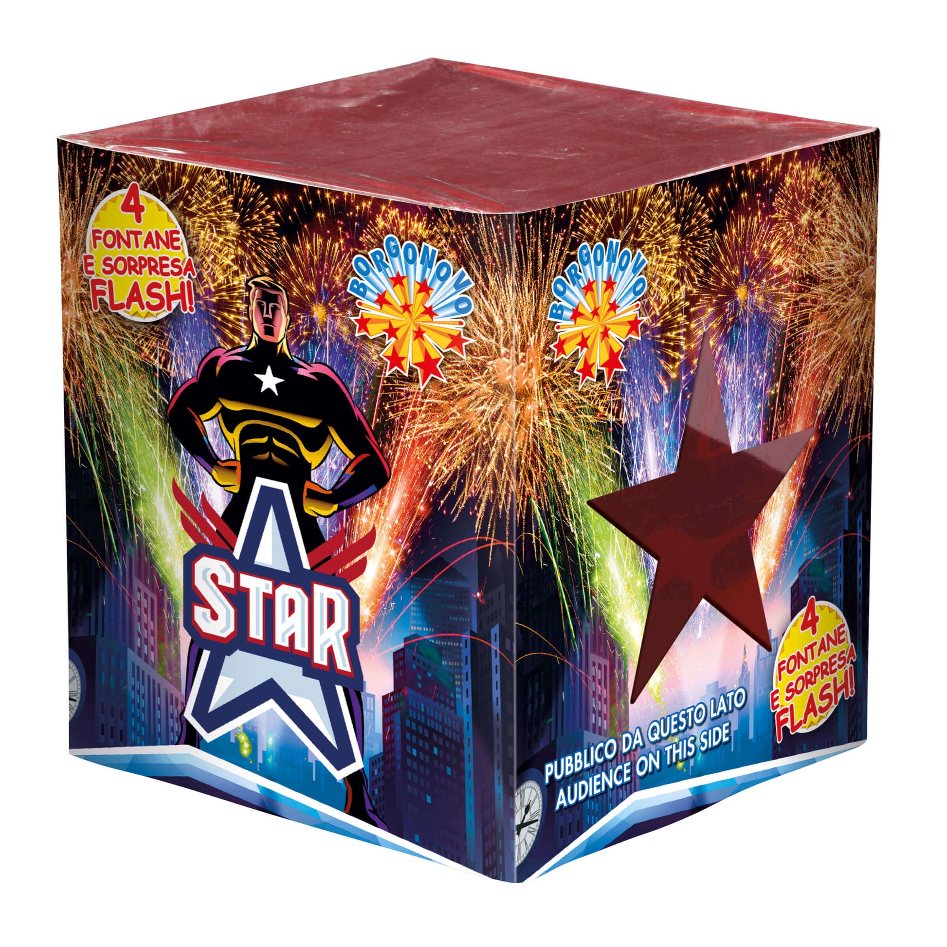 Fontana Star Borgonovo F2 con stelle blu, rosse e verdi e bengala lampeggiante a stella