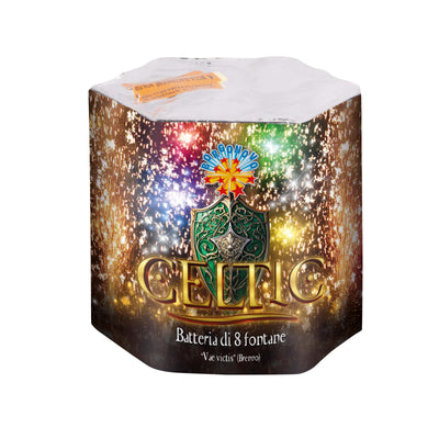 Fontana Celtic Borgonovo F2, 8 fontane con stelle colorate, titanio argento e cracker dorati