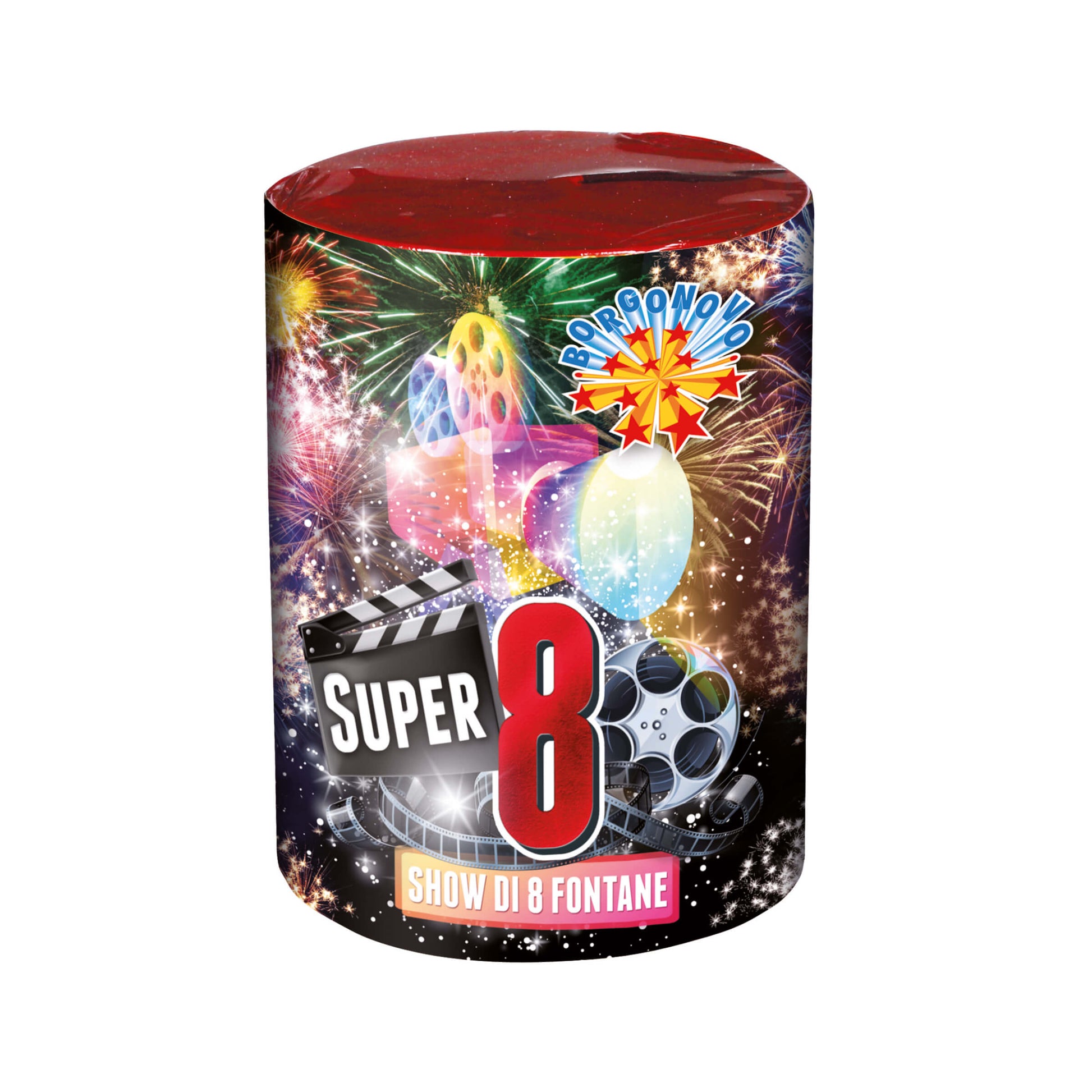 Fontana Super 8 Borgonovo F2 con 8 fontane multicolore, crisantemi argento e cracker