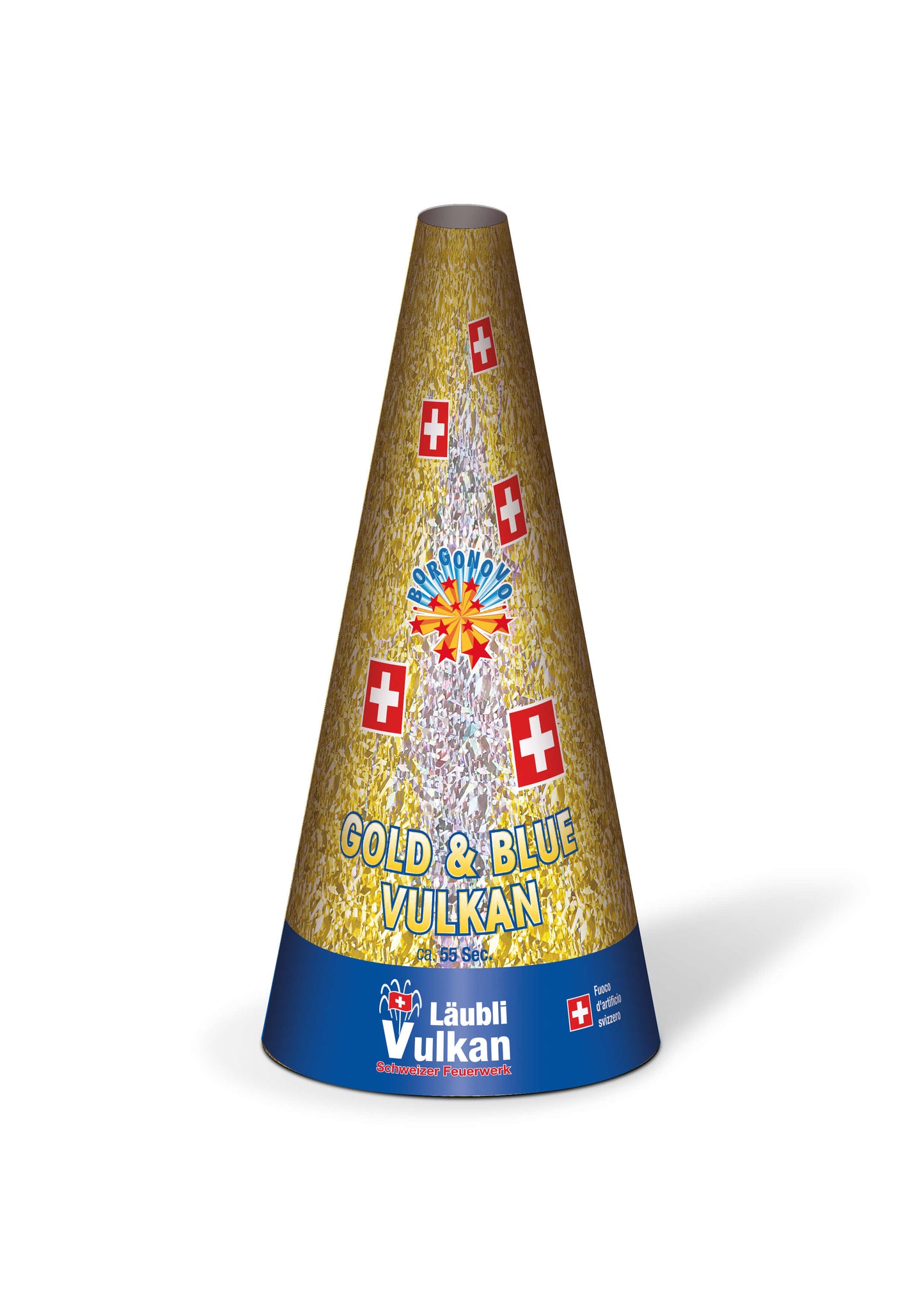 Fontana Gold & Blue Vulkan Borgonovo F2 con getto blu e scintille dorate