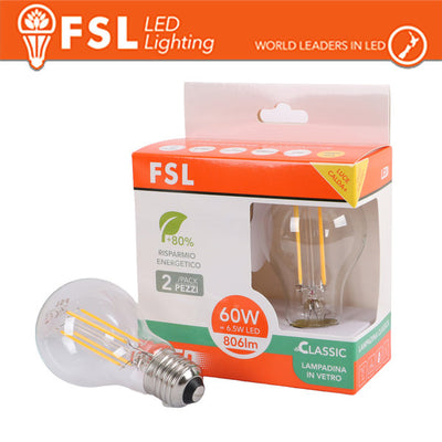Lampada Filamento A60   6.5W 3000K E27 - Confezione 2PACK