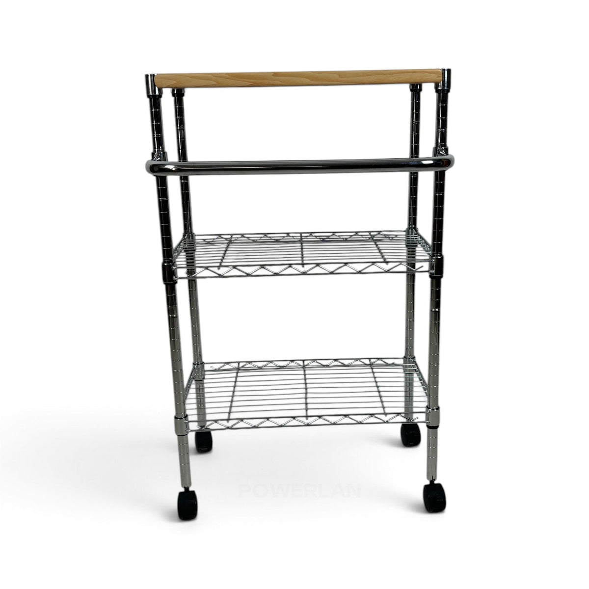 Metallika Carrello Modulare in Acciaio Cromato con Ruote, Piano in Legno e 2 Ripiani