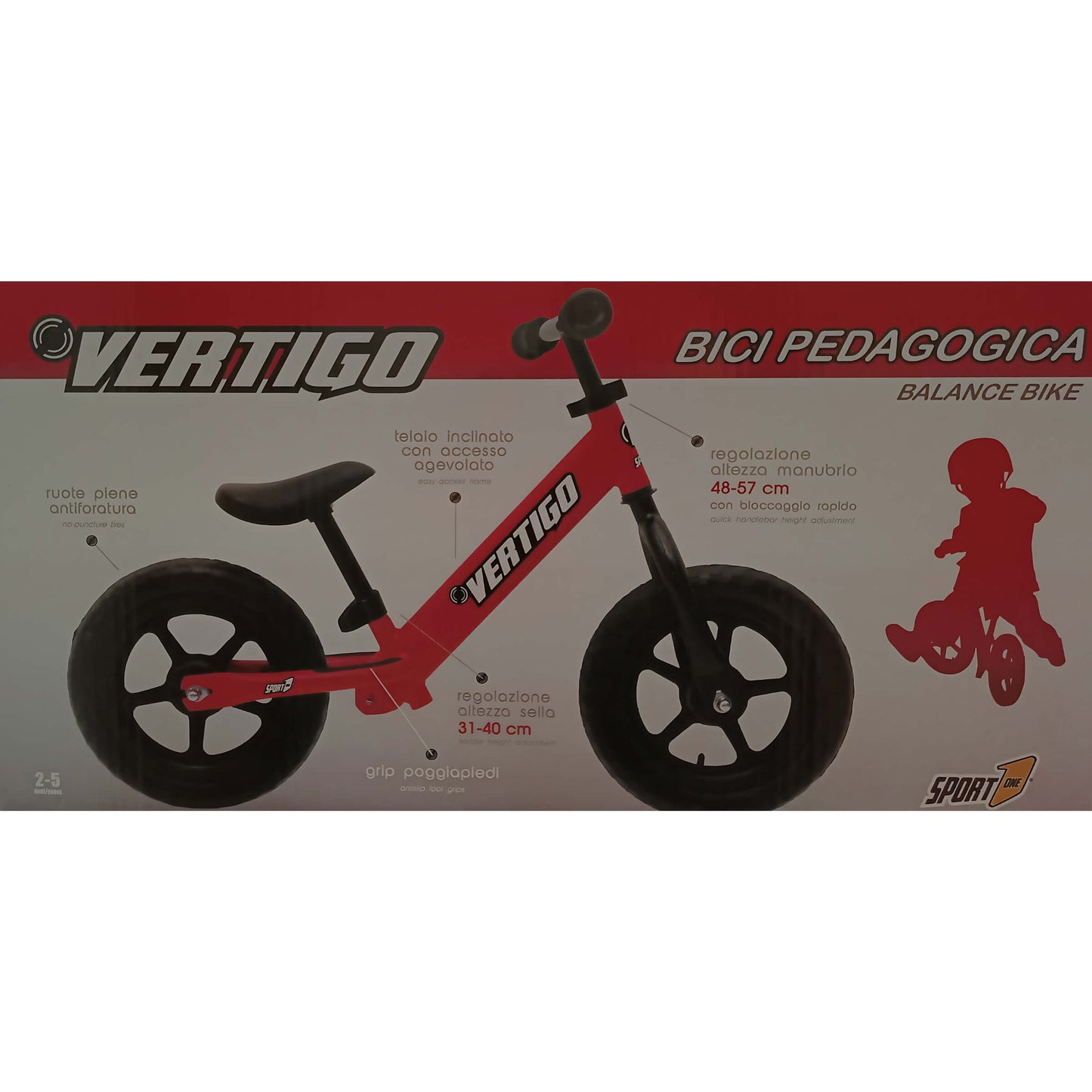 Sport One Vertigo Bici Pedagogica Senza Pedali in Acciaio con Ruote Antiforatura Rossa