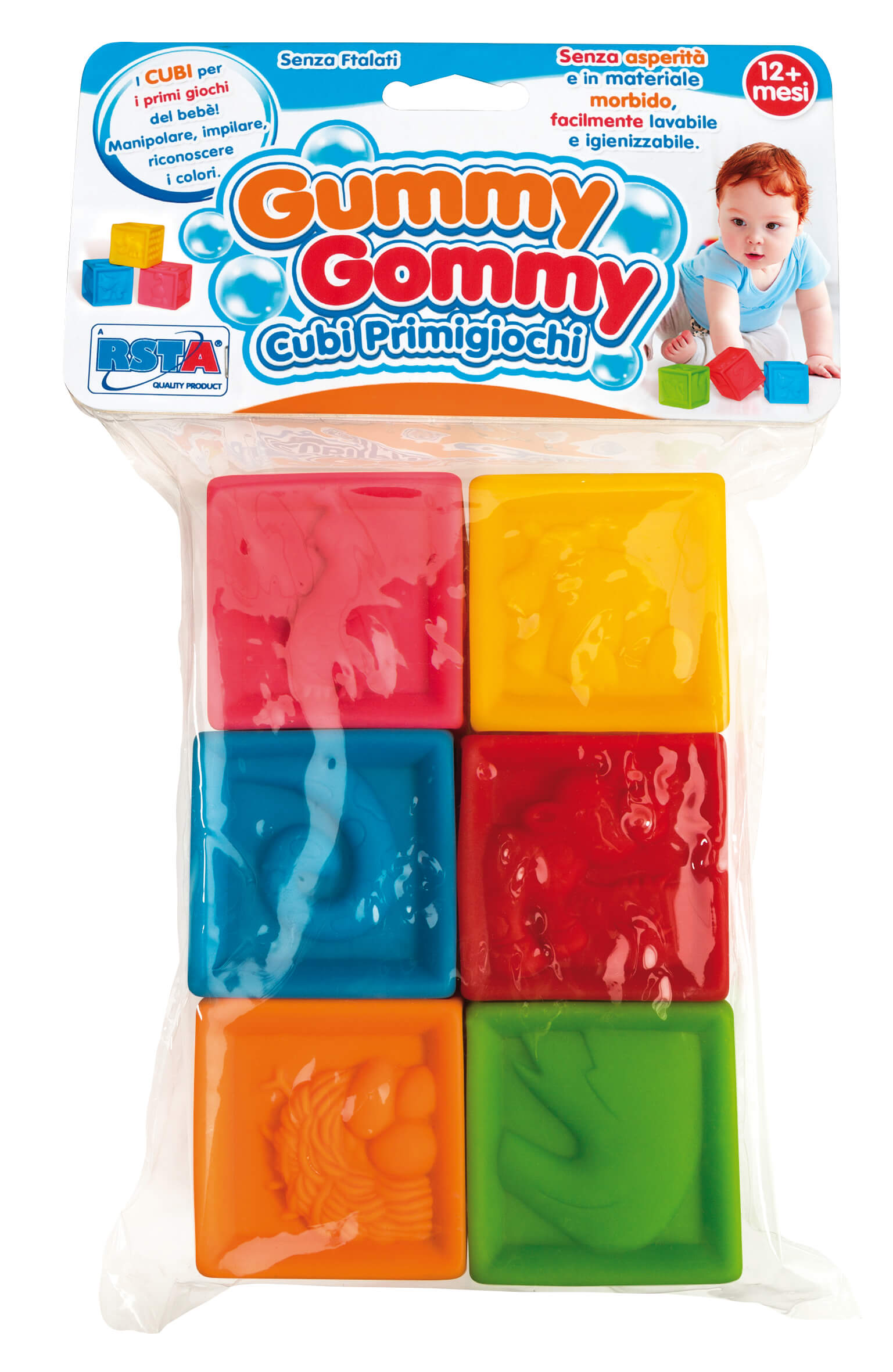 Gummy Gommy 6 cubi morbidi colorati bambini 12 mesi impilamento