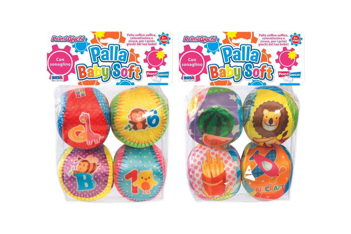 Set 4 palle baby soft RS Toys con sonaglino interno 10 cm, colori vivaci