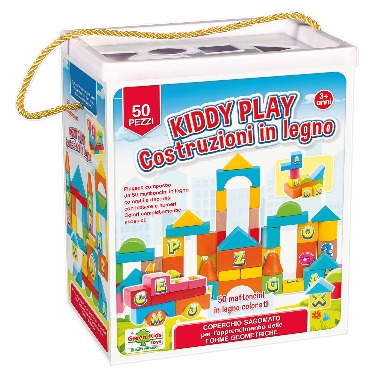 Kiddy Play Costruzioni Legno 50 blocchetti colorati lettere numeri forme geometriche bambini 3+