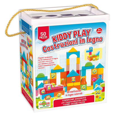Kiddy Play Costruzioni Legno 50 blocchetti colorati lettere numeri forme geometriche bambini 3+