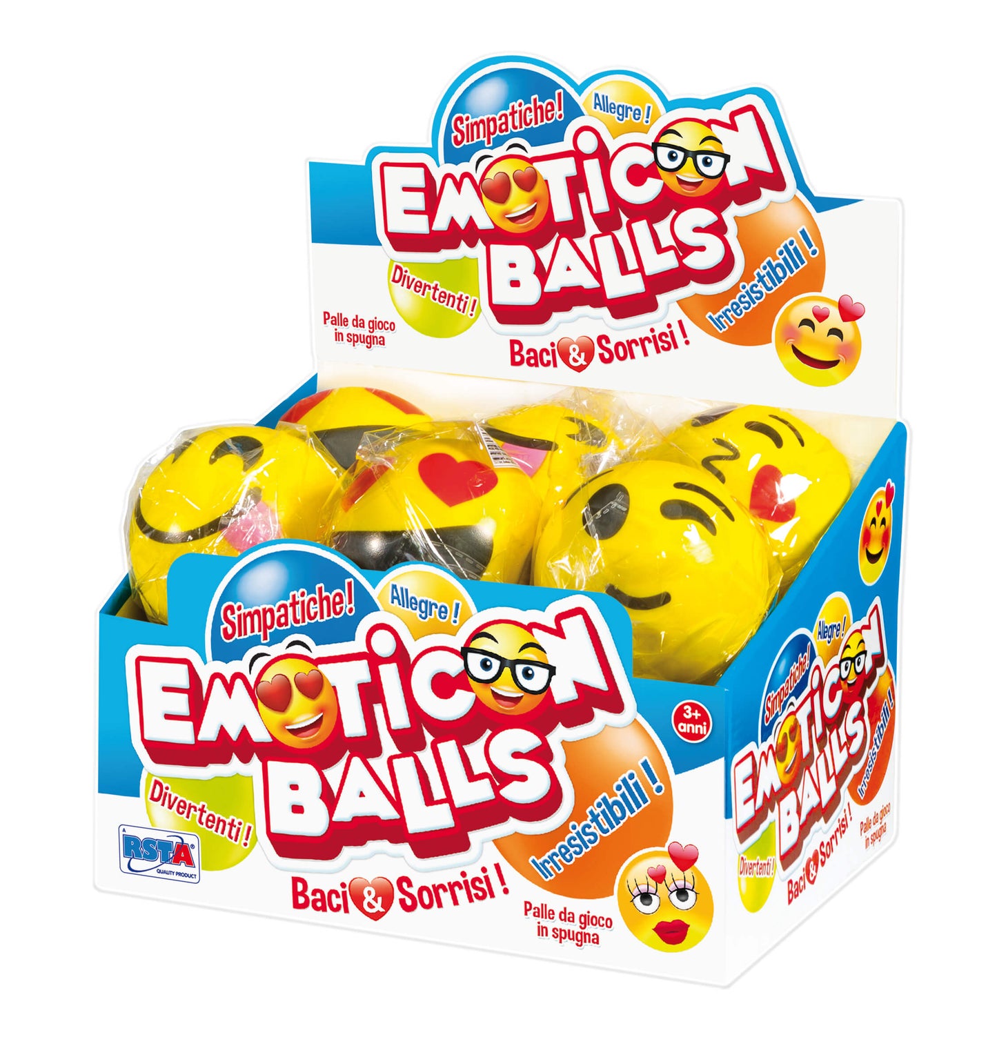 Display palline spugna emoticon 12pz baci e sorrisi materiale morbido sicure per bambini