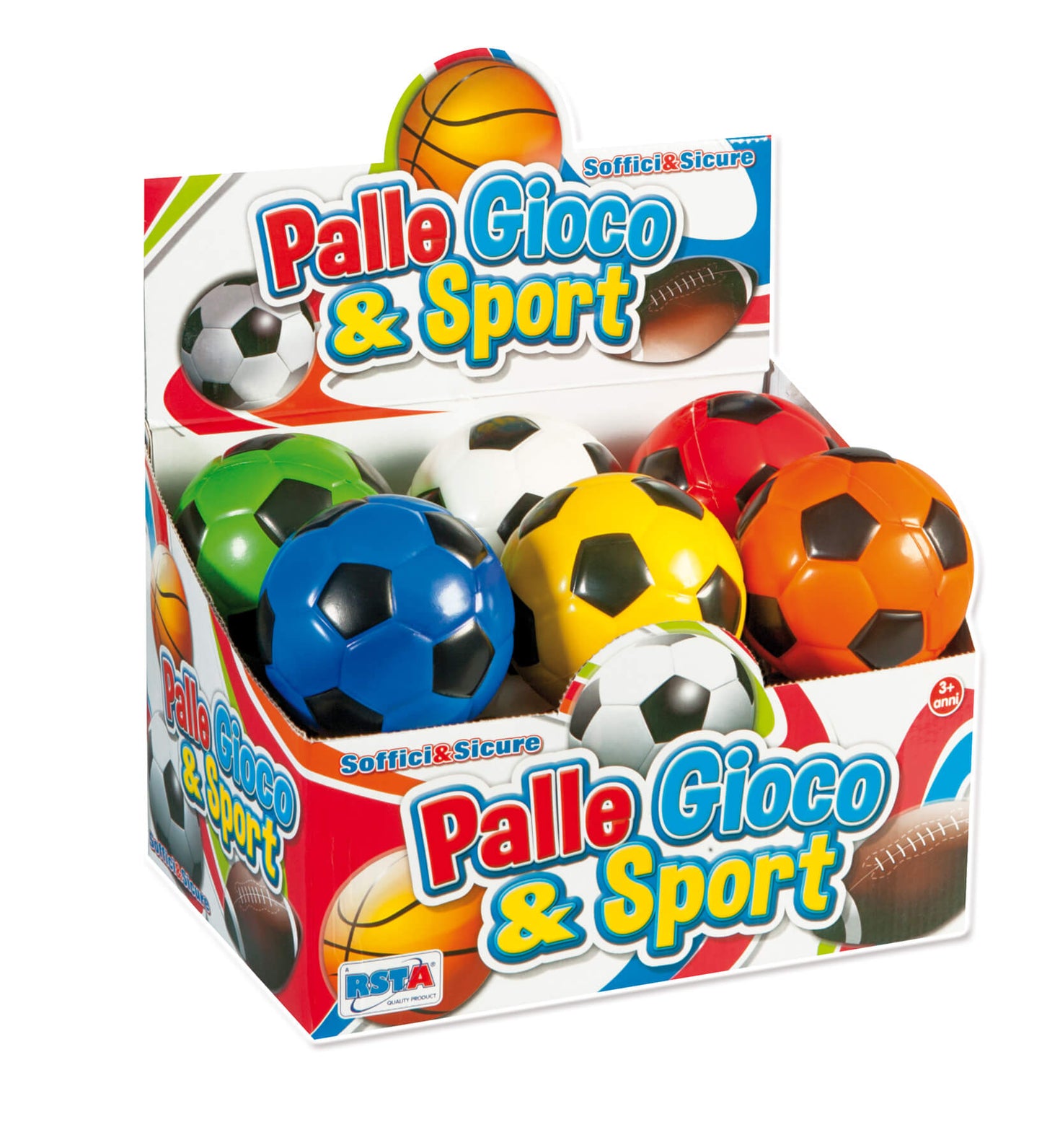 Display palline spugna sport colorate 10cm 12pz decorate come palle sportive sicure bambini