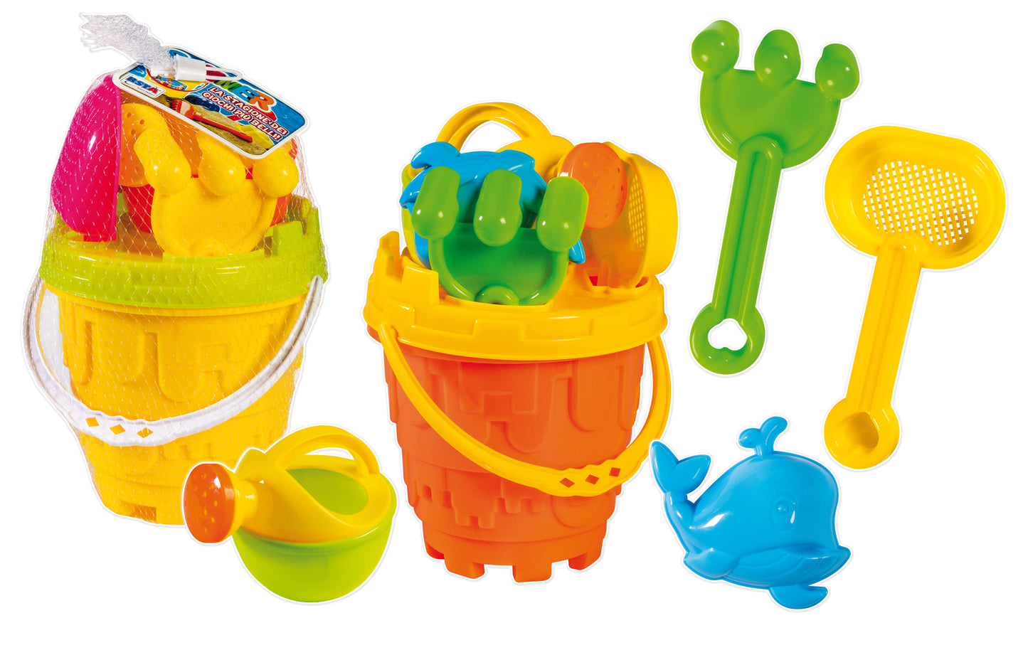 Secchiello spiaggia completo diametro 15cm con attrezzi da sabbia H.17cm