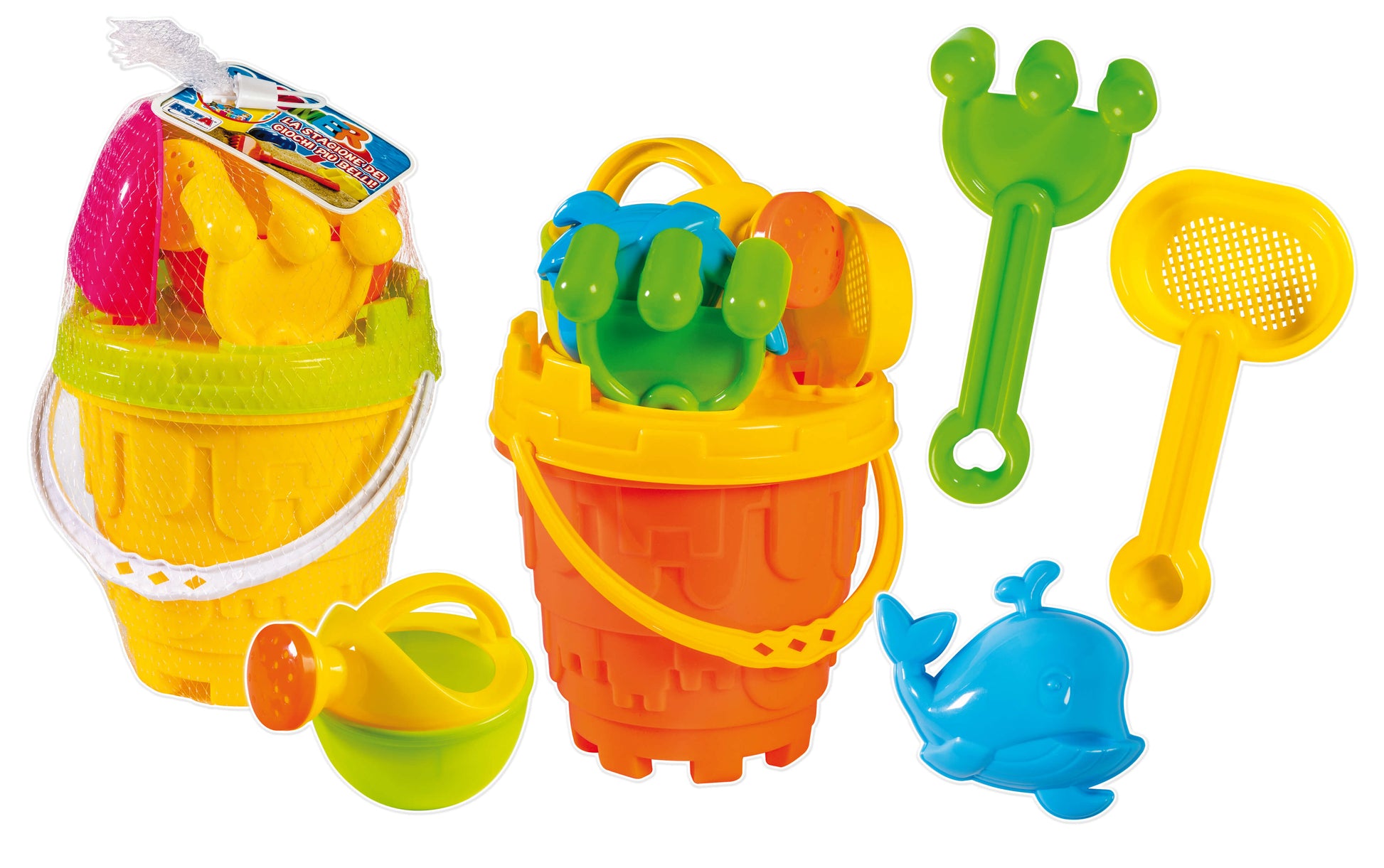 Secchiello spiaggia completo diametro 15cm con attrezzi da sabbia H.17cm