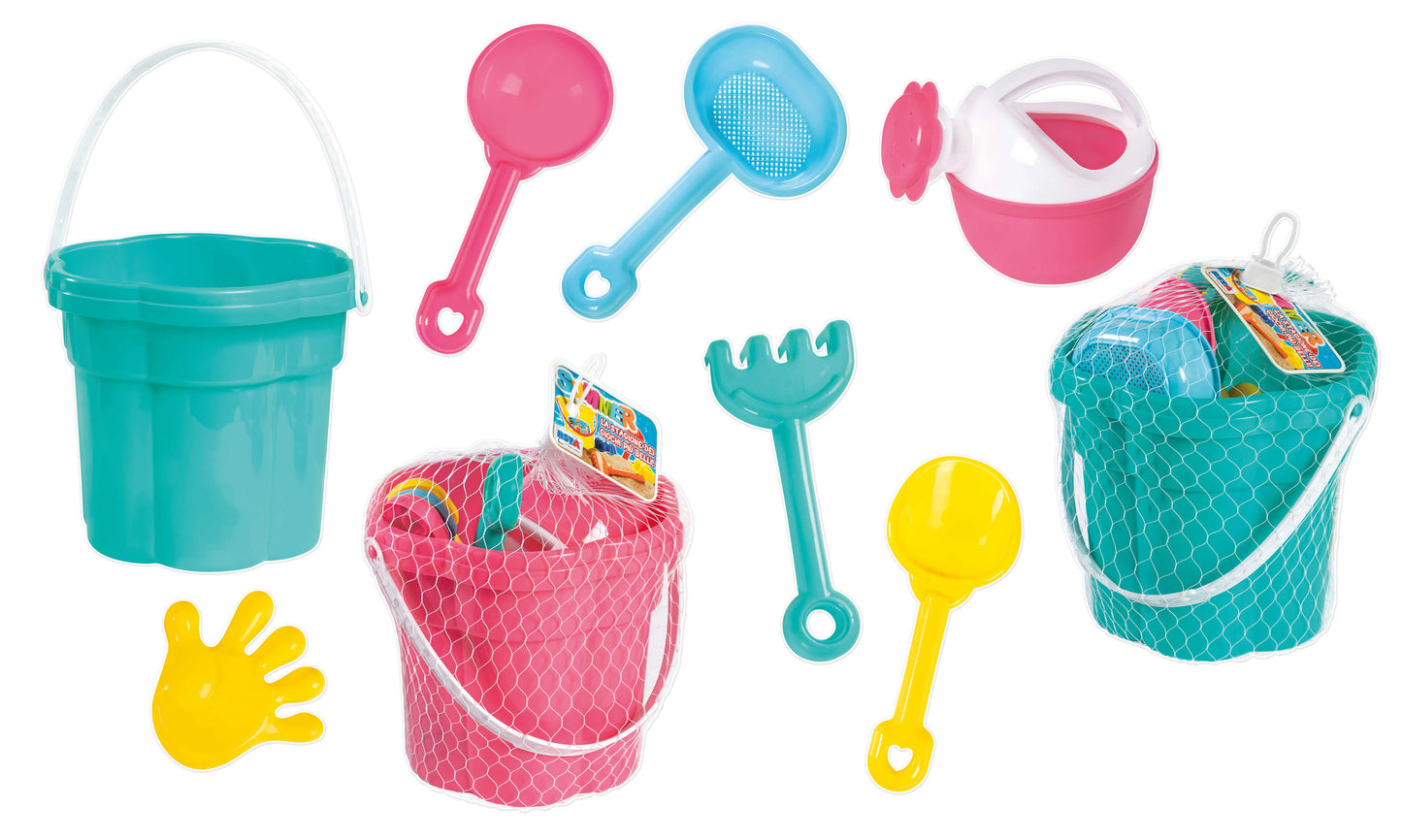 Set secchiello spiaggia 7 pezzi palette rastrello annaffiatoio formina bambini