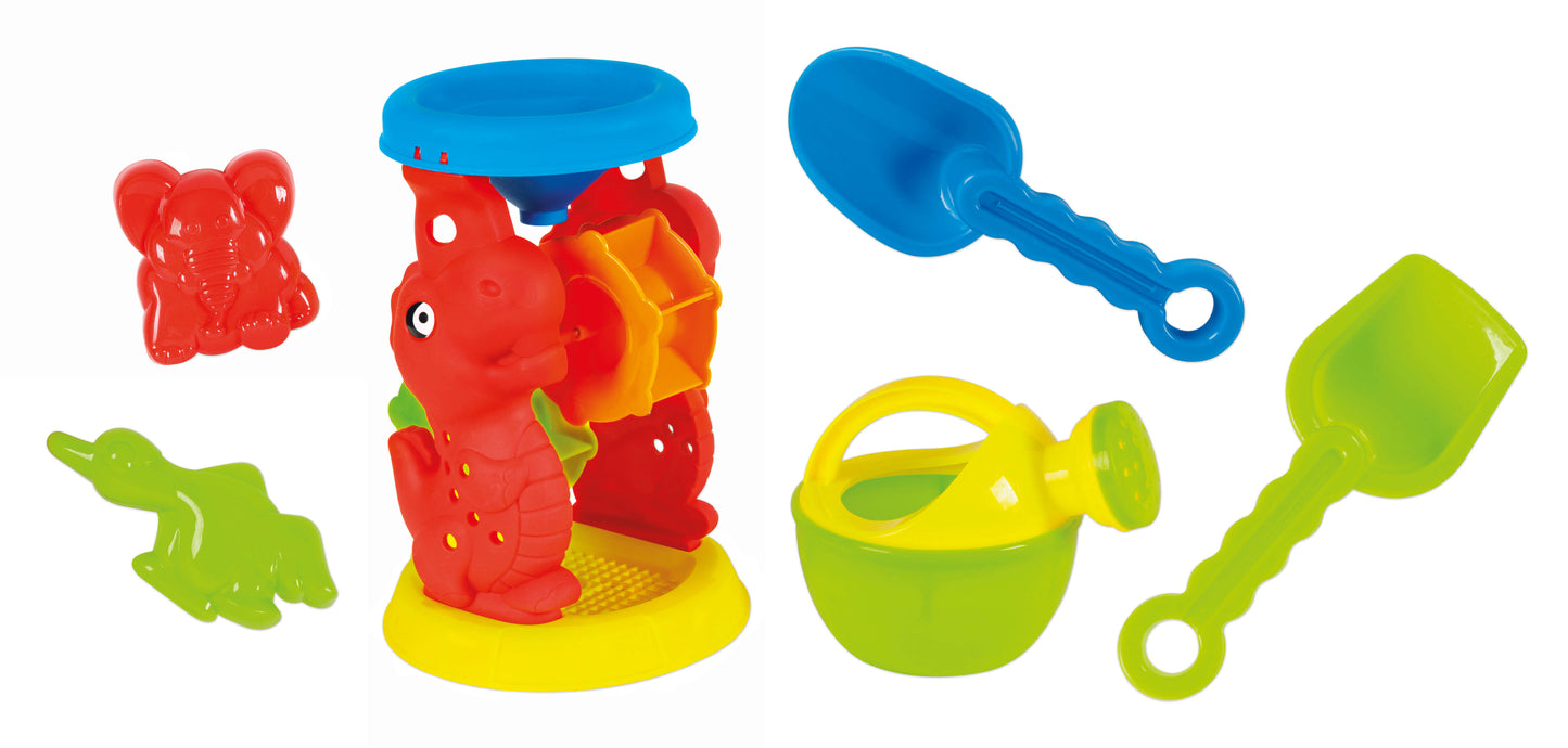 Set mulino spiaggia 6 pezzi palette formine animali annaffiatoio colorati bambini