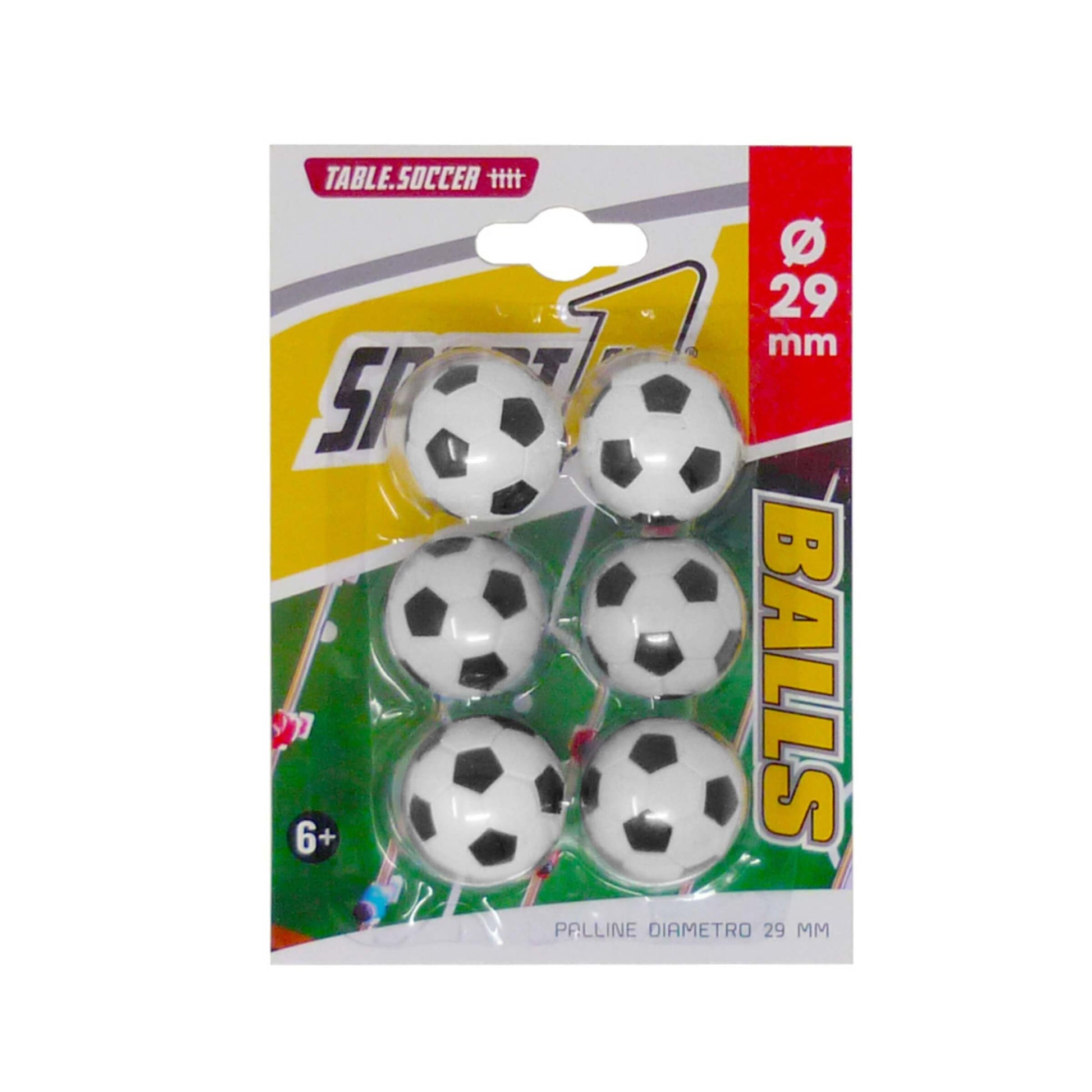 Blister 6 palline da calcetto diametro 29 mm, per sala giochi e uso domestico, adatte dai 6 anni