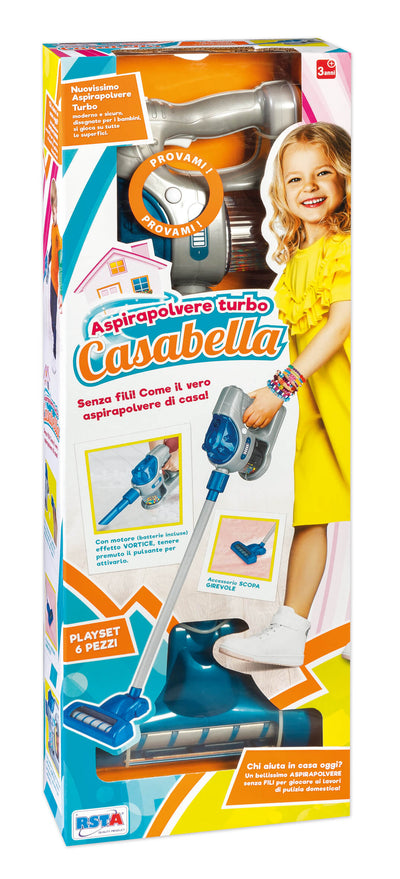 Aspirapolvere giocattolo senza fili Casabella Turbo Verticale con design realistico e funzione sonora per bambini