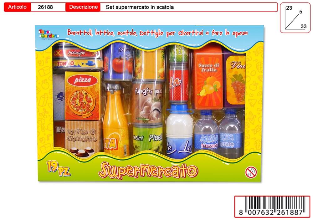 Set supermercato 19 pezzi giocattolo con barattoli lattine scatole e bottiglie realistiche