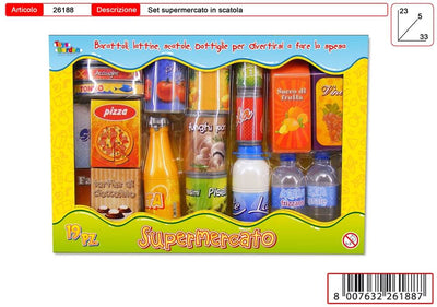 Set supermercato 19 pezzi giocattolo con barattoli lattine scatole e bottiglie realistiche