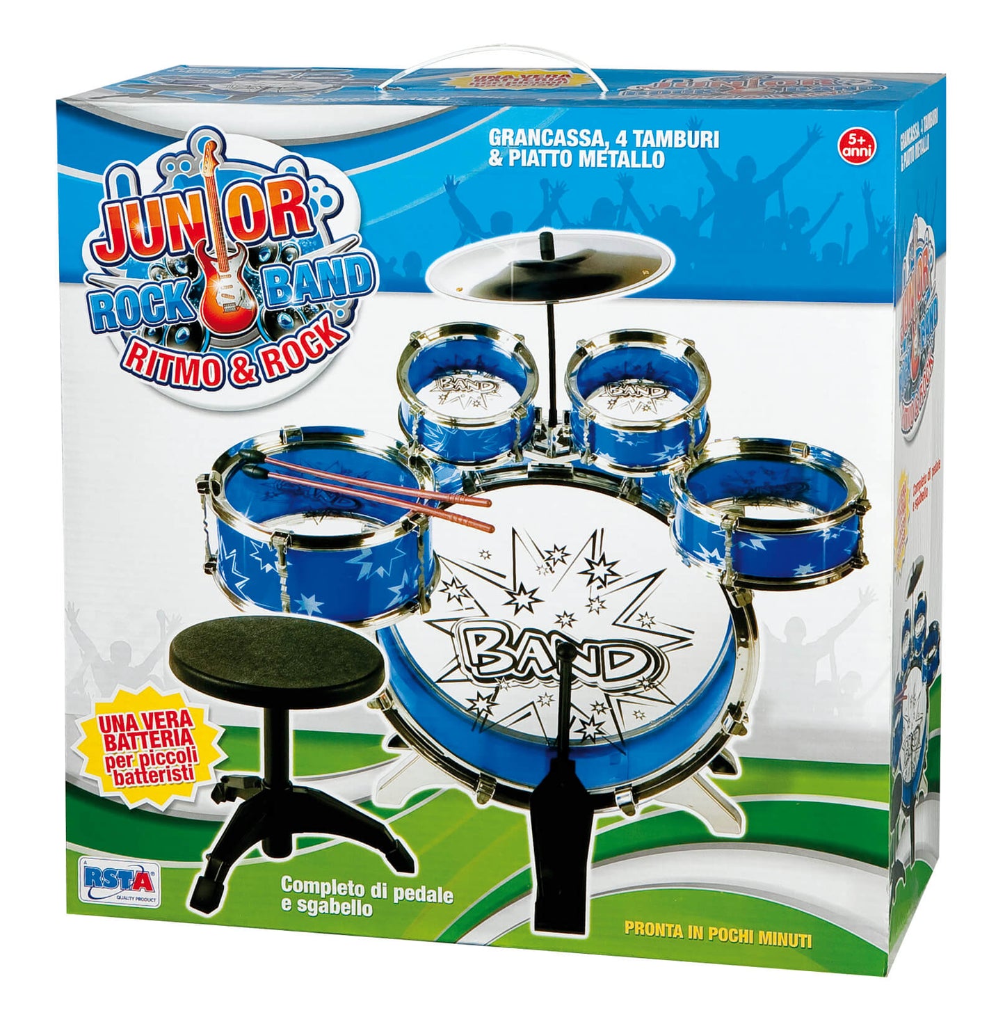Set batteria Rock & Jazz per bambini con pelli, piatti e bacchette incluse, vista frontale