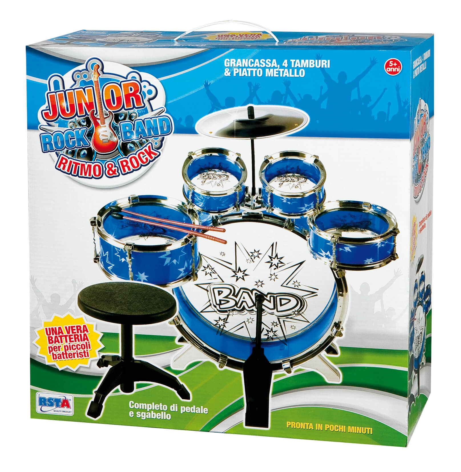 Set batteria Rock & Jazz per bambini con pelli, piatti e bacchette incluse, vista frontale