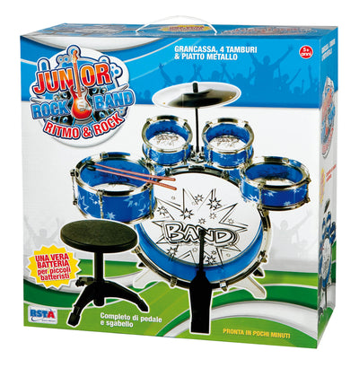 Set batteria Rock & Jazz per bambini con pelli, piatti e bacchette incluse, vista frontale