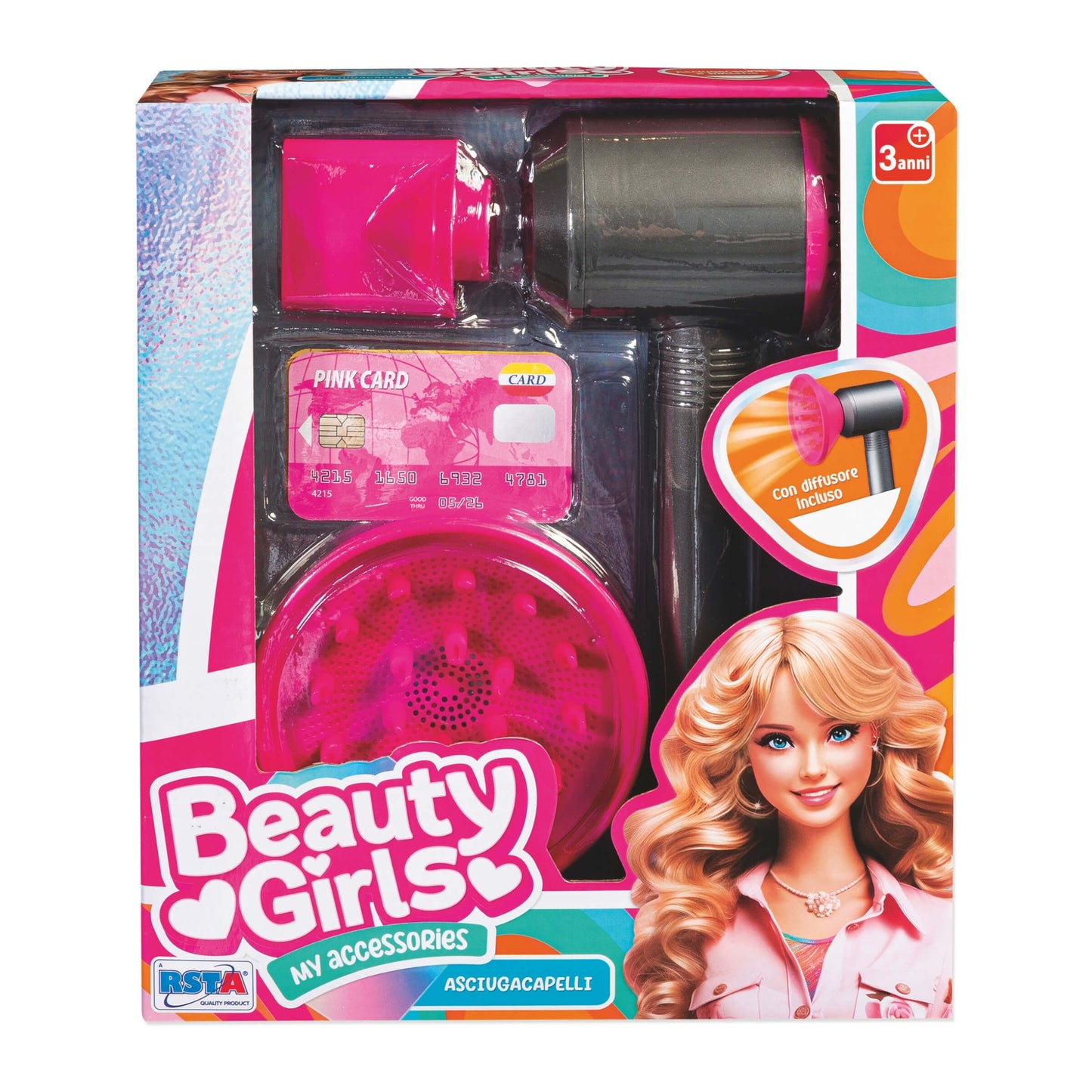 Asciugacapelli giocattolo Beauty Girls con diffusore per bambine, vista frontale