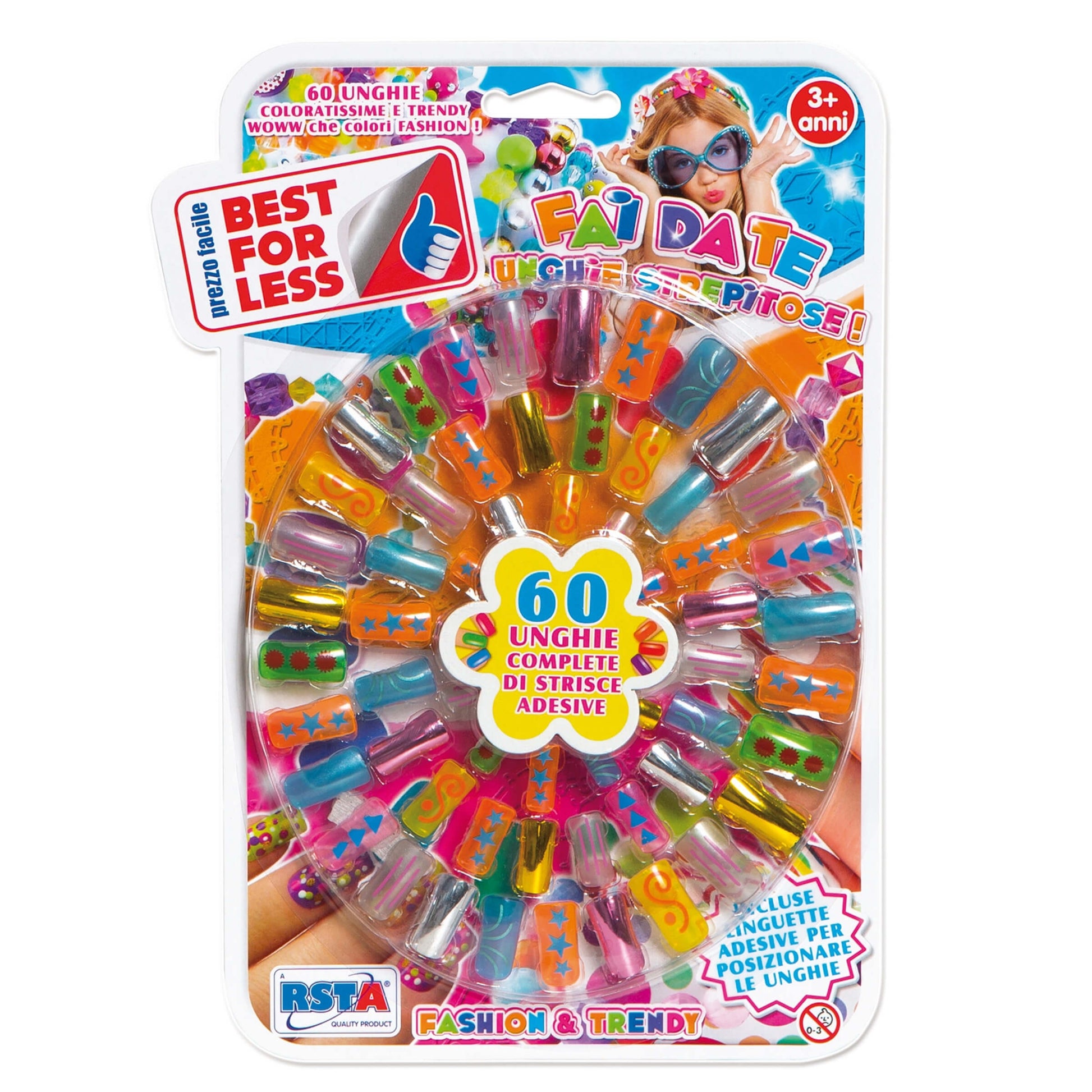 Set nail art 60 unghie colorate in varie fantasie e finiture per bambine