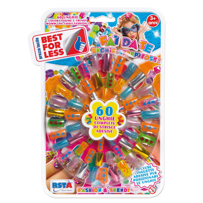 Set nail art 60 unghie colorate in varie fantasie e finiture per bambine