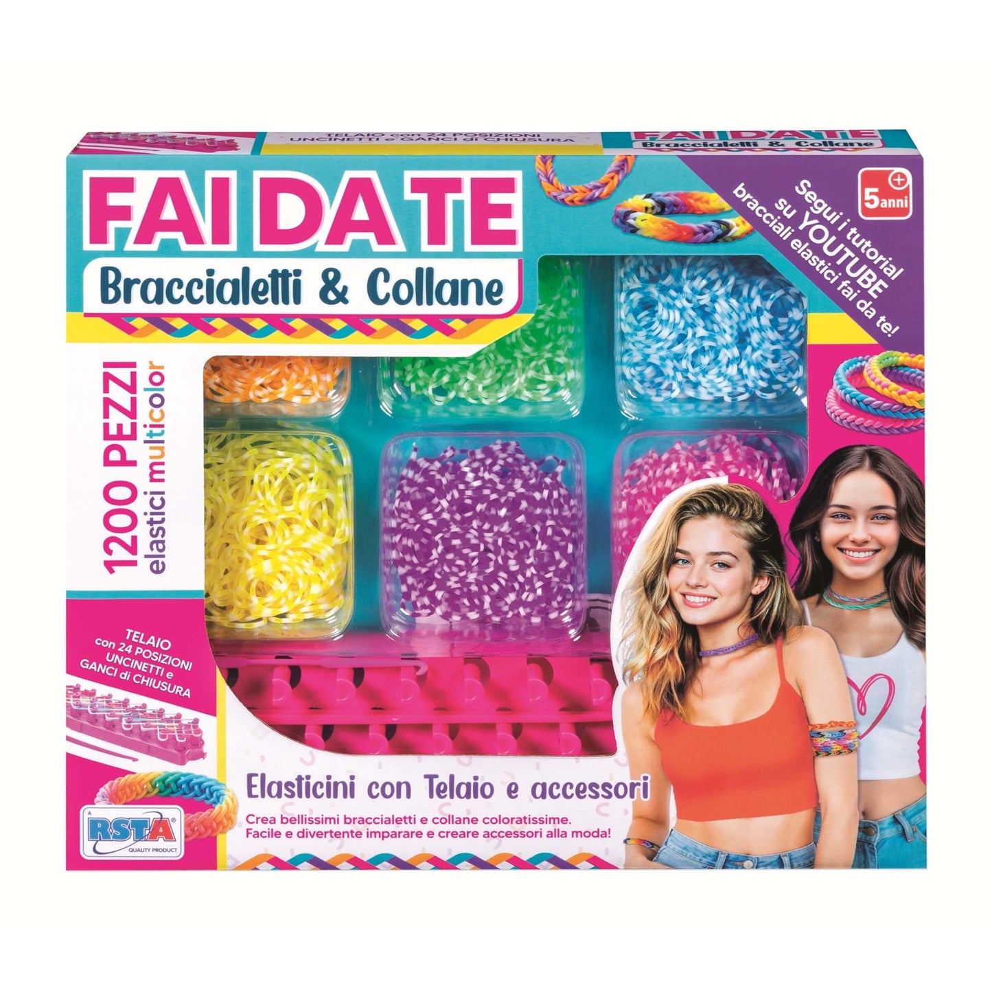 Kit fai da te con telaio e 1200 elastici colorati per braccialetti e collane RS Toys