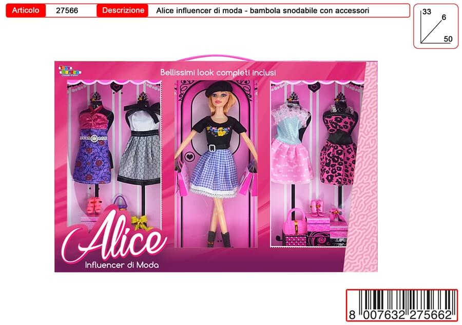Bambola snodabile Alice Influencer di Moda 29 cm con abiti e accessori inclusi nel set