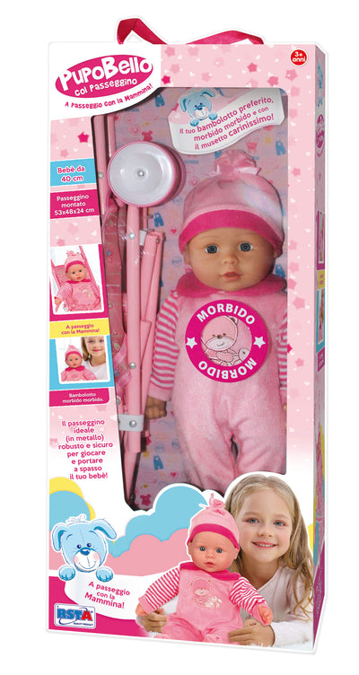 Passeggino Pupo Bello in metallo con bambolotto 40 cm incluso