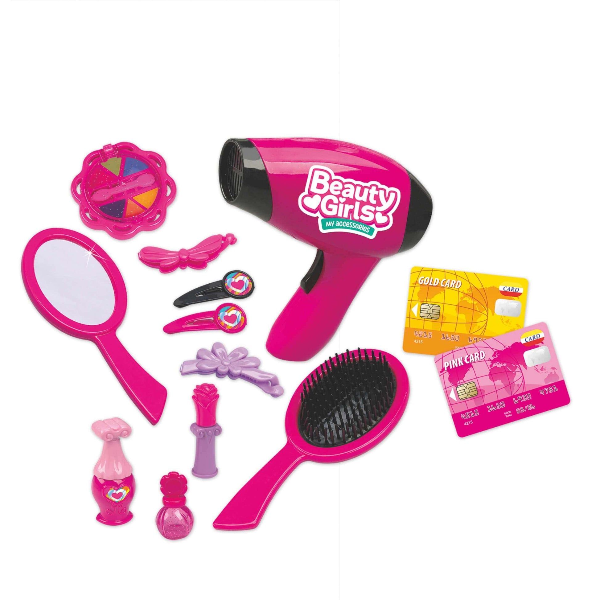 Kit beauty giocattolo con mini trousse mollette fermagli e 2 carte di credito