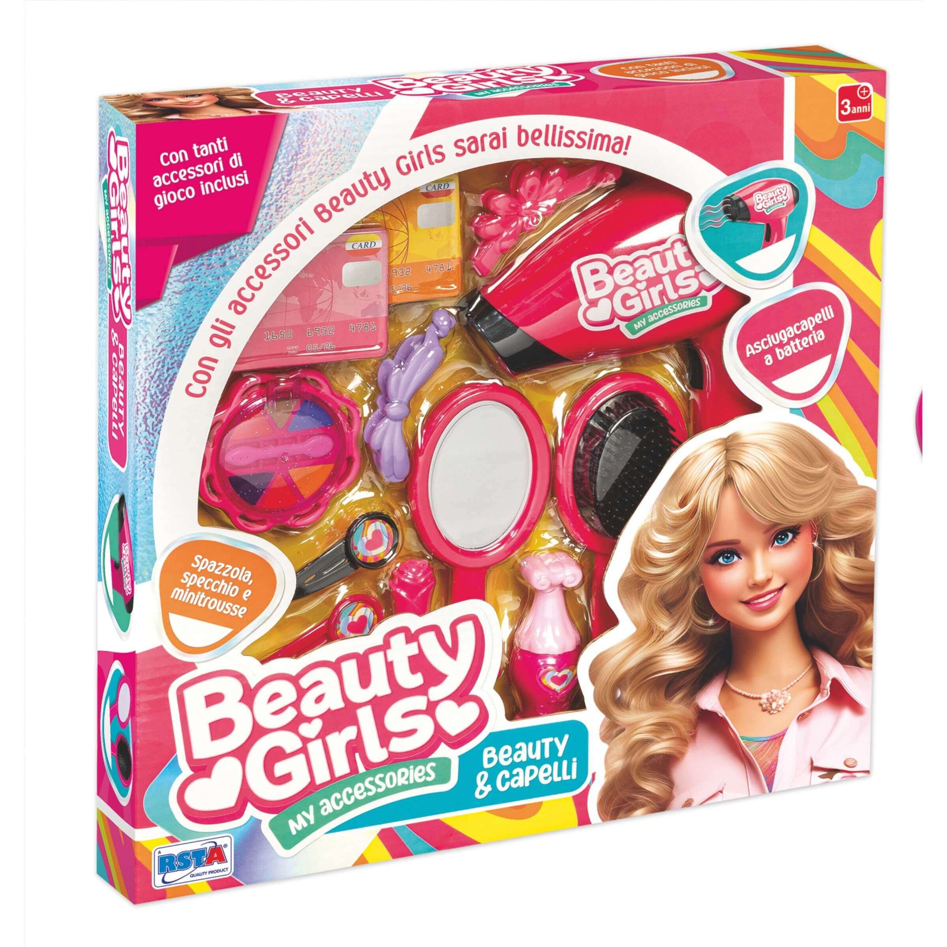 Set Beauty Girls con asciugacapelli a batteria specchio spazzola e accessori
