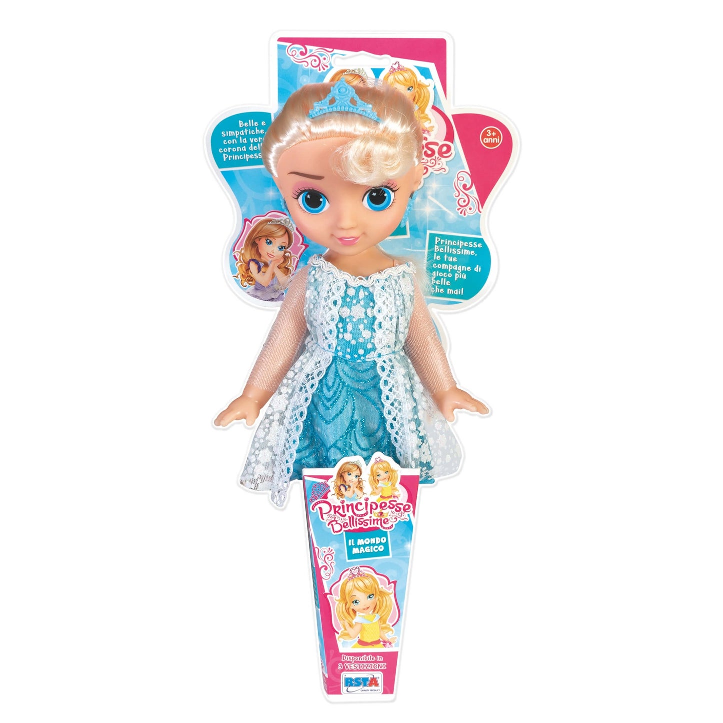 Bambola principessa con vestito azzurro da 29 cm, linea Principesse Bellissime, dettagli abito