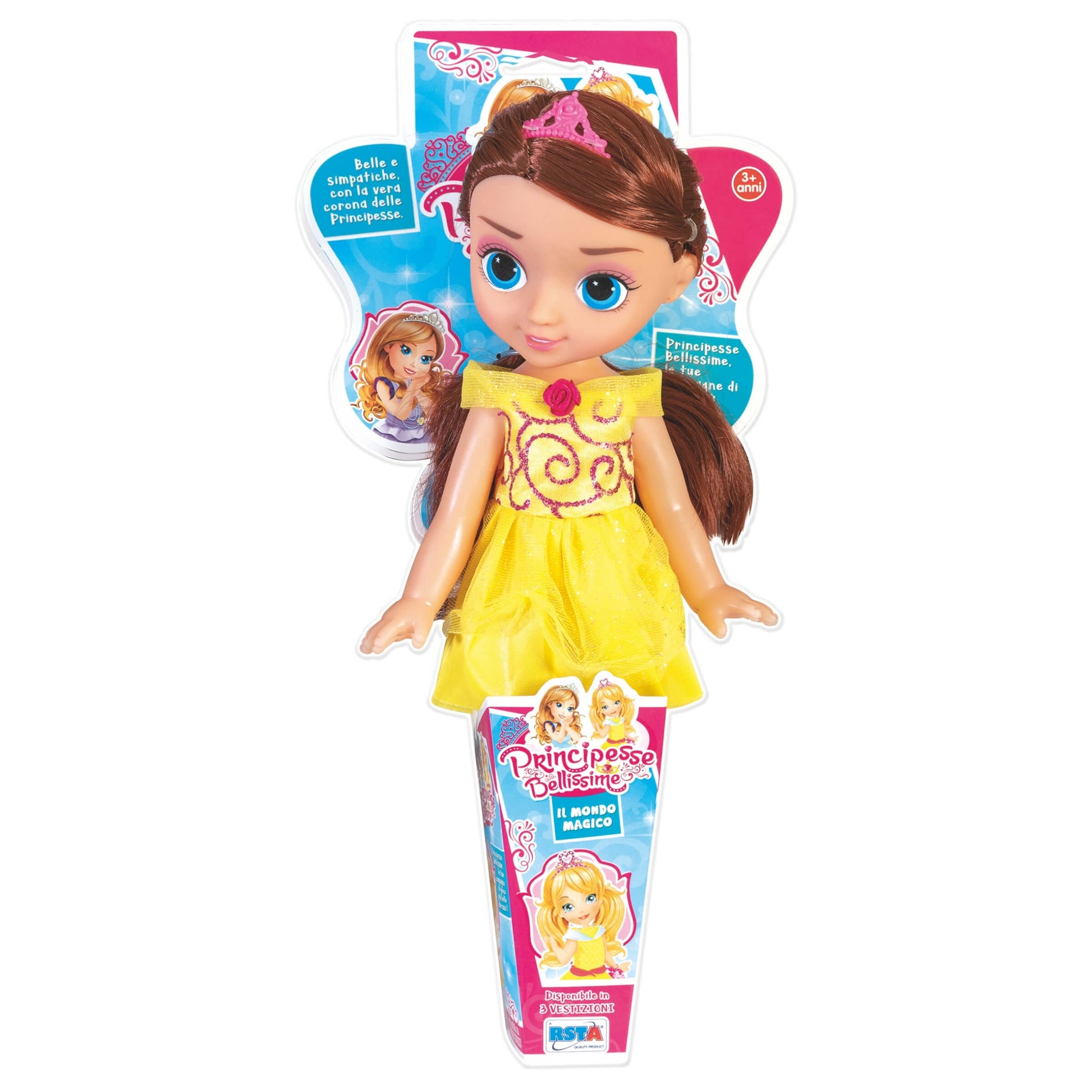 Bambola principessa con vestito giallo da 29 cm, linea Principesse Bellissime, dettagli abito