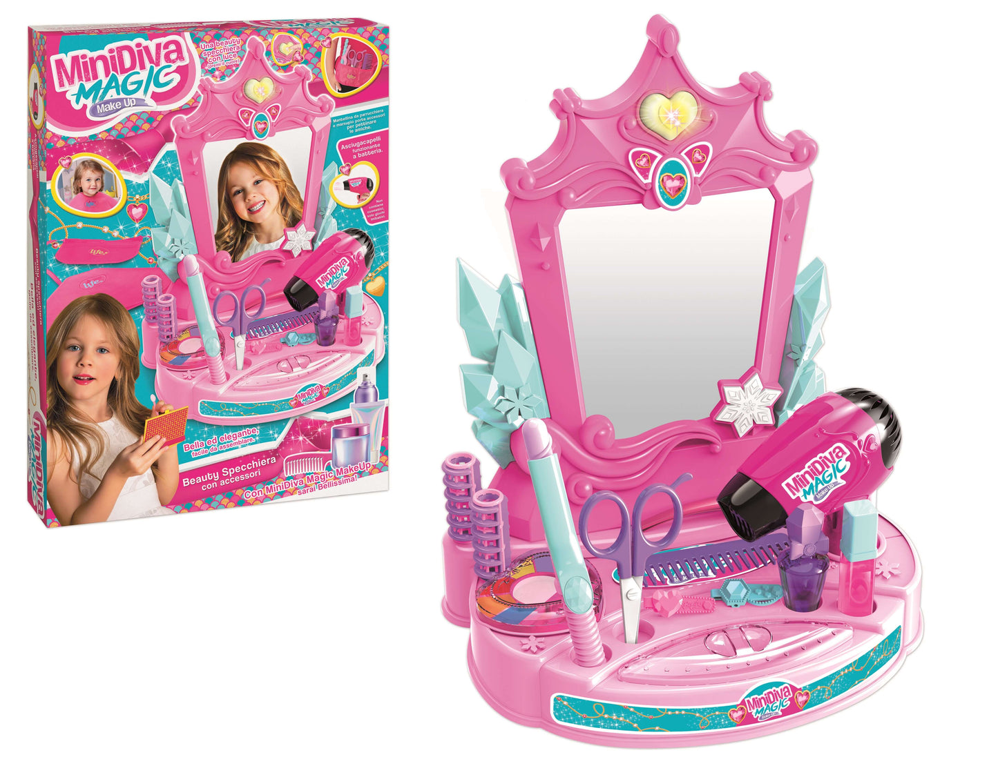 Set specchiera MiniDiva Magic Make Up con phon pettini forbici e rossetto giocattolo