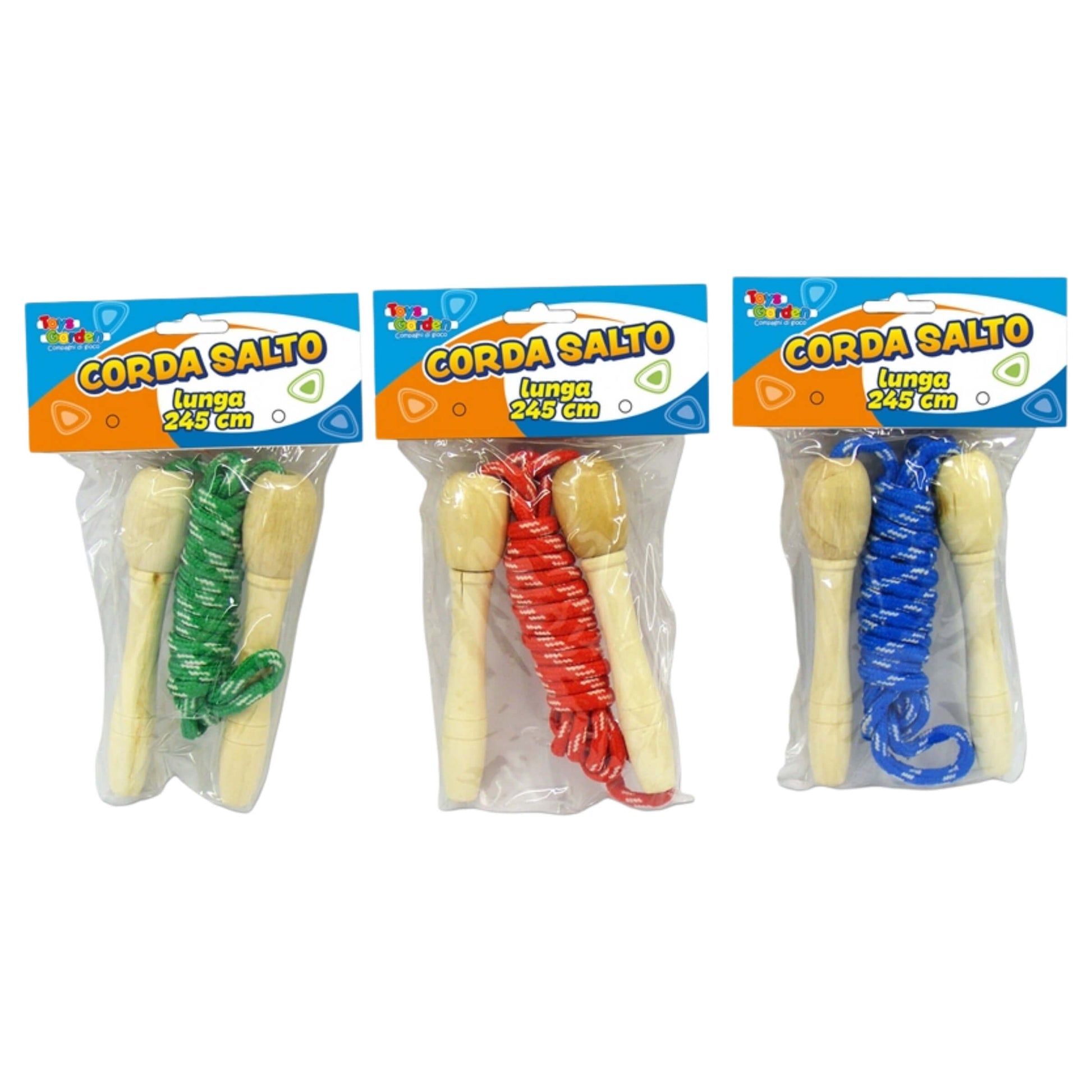 Corda da salto 245 cm con manici in legno e corda in nylon intrecciato colorato per bambini e uso esterno