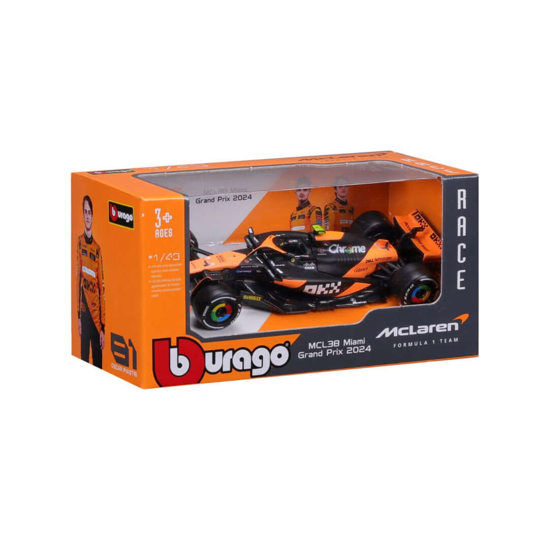 Modellino McLaren MCL38 1 43 Bburago vista laterale livrea F1 2024